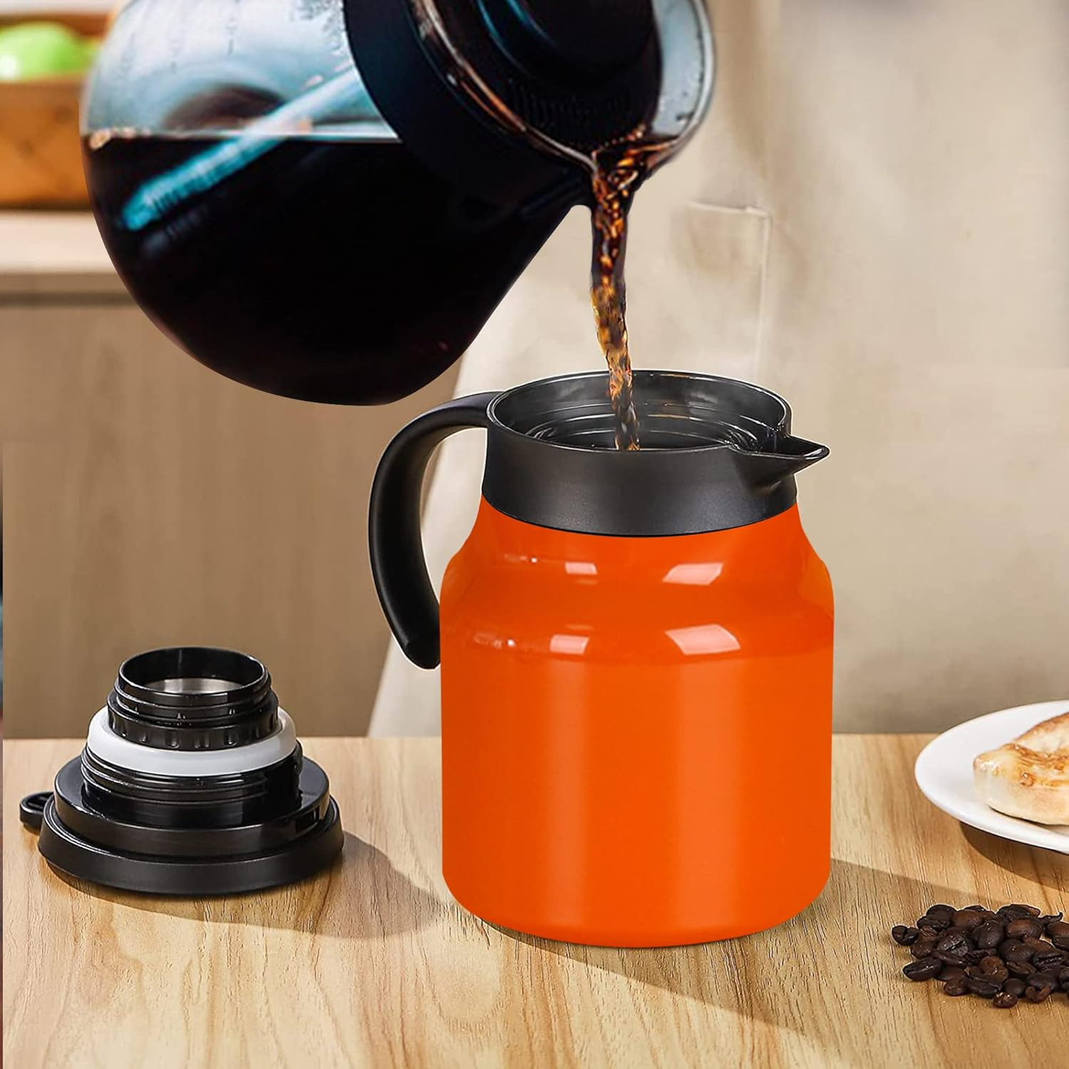 Incifuerza 34 Oz Thermal Coffee Carafe, Double Wall Stainless Steel Insulated Vacuum Coffee Pot Teapot for Keeping Hot, 1 Liter Beverage Dispenser with Removable Tea Filter (Orange) image number 4
