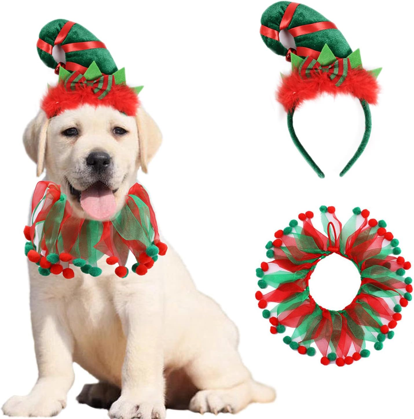 2PCS Dog Cat Christmas Costume Christmas Collar and Elf Headband Christmas Red and Green Collar Costume for Puppy Kitty Christmas Pet Party Dress Xmas Set Clothes (A) image number 5