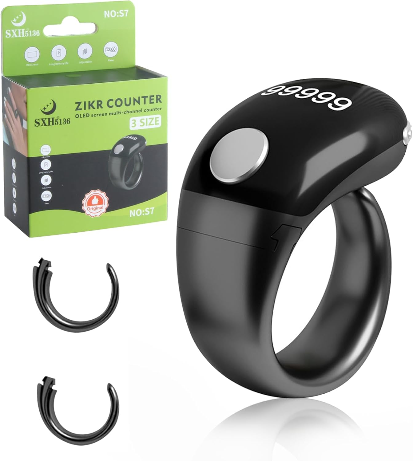 YUENTOEN Smart Ring Counter, Tasbih Finger Counter, Digital Finger Rings Counter with OLED Screen, Adjustable 18Mm/20Mm/22Mm Ring Holder Counter for Prayer Time Reminde, Black image number 2