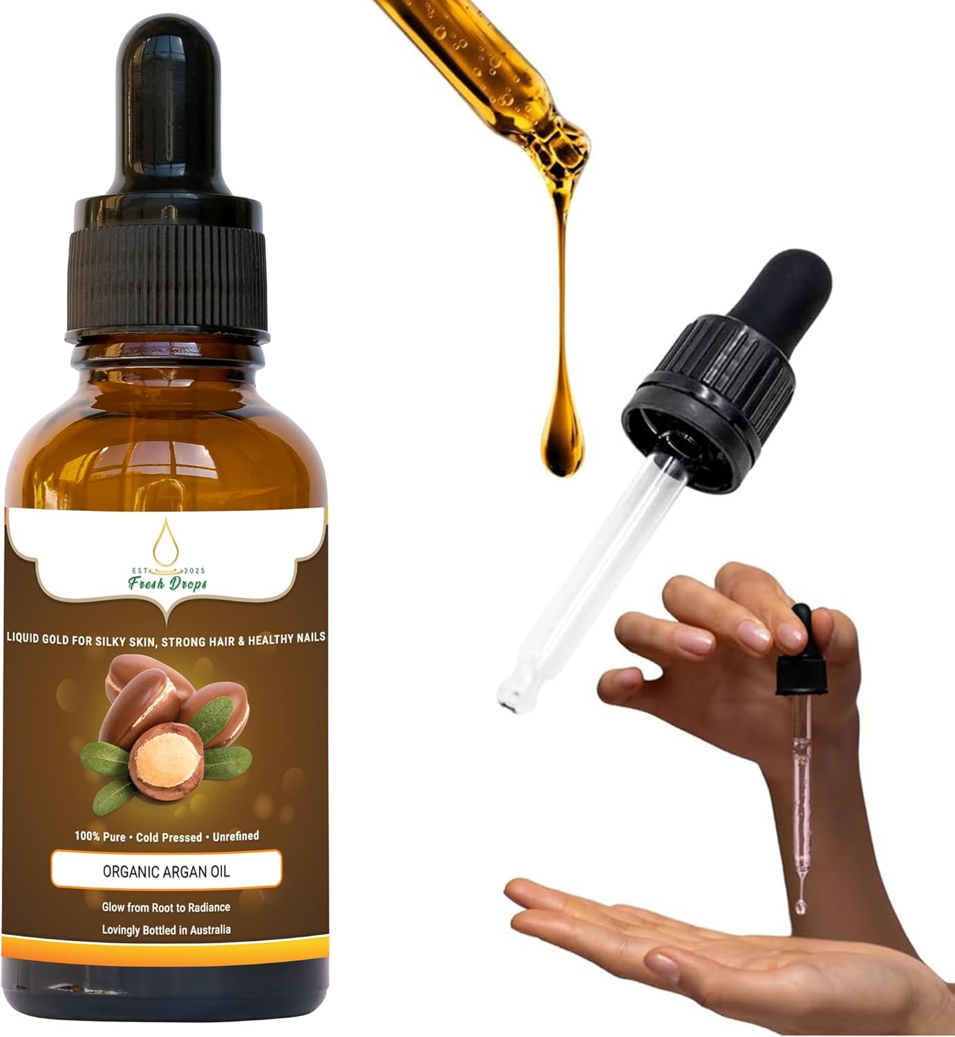 Fresh Drops Organic Argan Oil 50Ml &ndash; 100% Pure Cold Pressed, Natural Moisturizer for Skin, Hair, Face & Nails &ndash; Glass Dropper Bottle image number 3