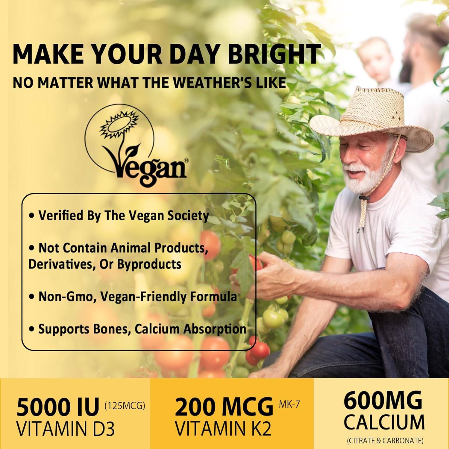 Vitamin D3 K2 Gummies with Calcium - Vegan D3 5000 IU + K2 200Mcg + Calcium 600Mg - Plant-Based Bone, Immune Support Supplement with Coconut Oil for High Absorption - Sweet Citrus Flavor - 120 Counts image number 4