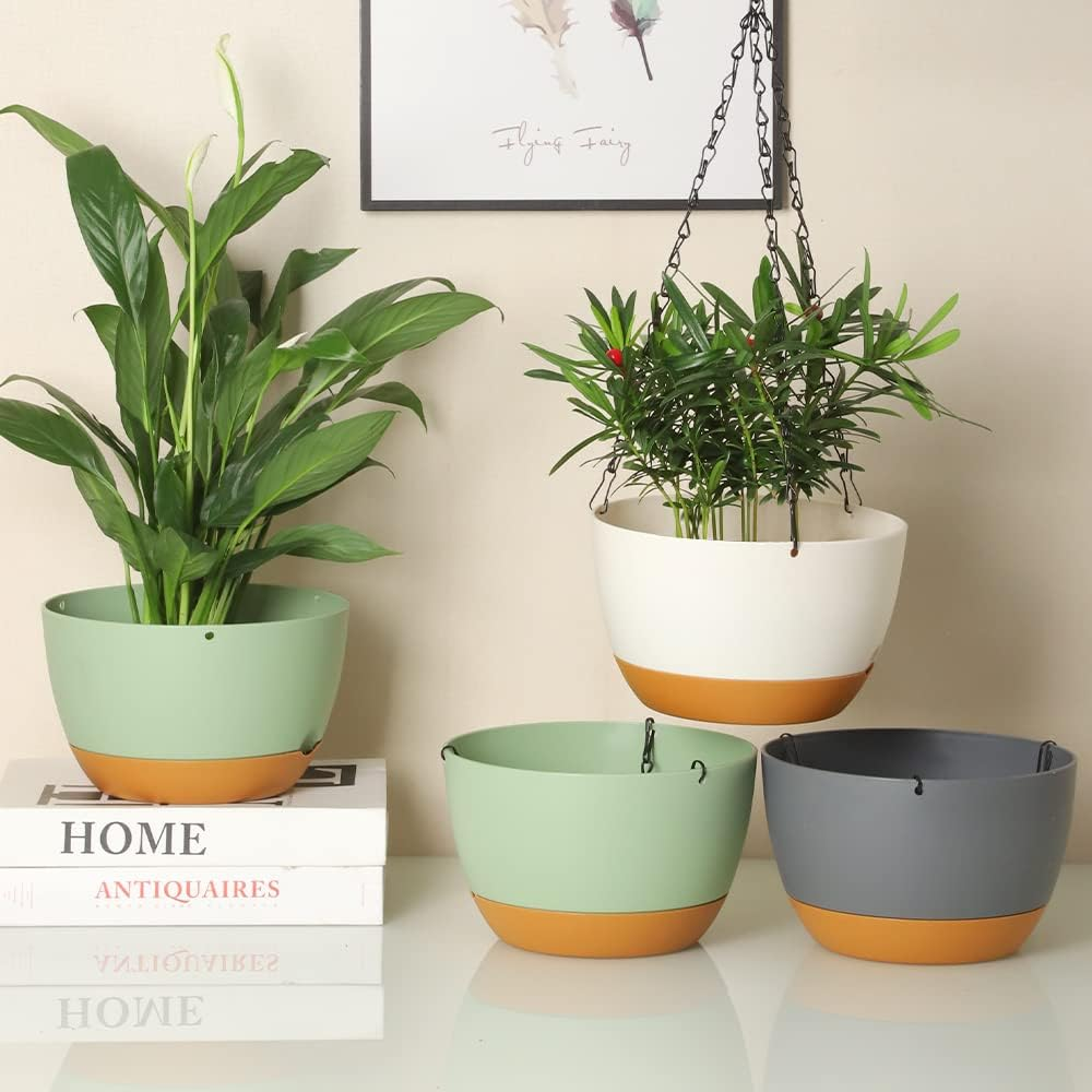 2 Pack Plastic Hanging Planters Set,8.3 Inch Hanging Flower Plant Pot with Drainage Hole for Indoor Outdoor Plants, round Hanging Basket with Removable Tray for Home Garden Porch Balcony Patio Decor - 10 Inch+10 Inch White image number 7