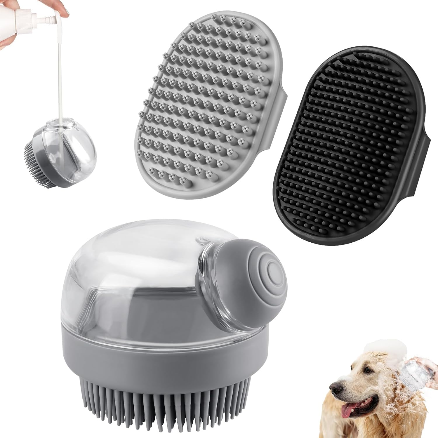 Comotech 6PCS Dog Bath Brush | Adjustable Handle Shampoo Brush & Scrubber for Short & Long Haired Dogs & Cats | Effectively Solve Odor & Stain Removal Problems (Gray Black Gray)
