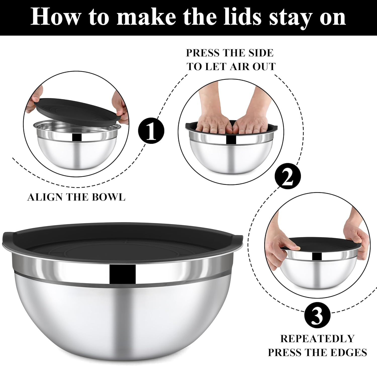 BEWOS 7-Piece Stainless Steel Mixing Bowl Set with Lids - Nesting Bowls for Space Saving, Dishwasher Safe, Sizes 0.84, 1.32, 1.80, 2.52, 4.20, 4.80, 5.40 QT for Mixing & Serving image number 2