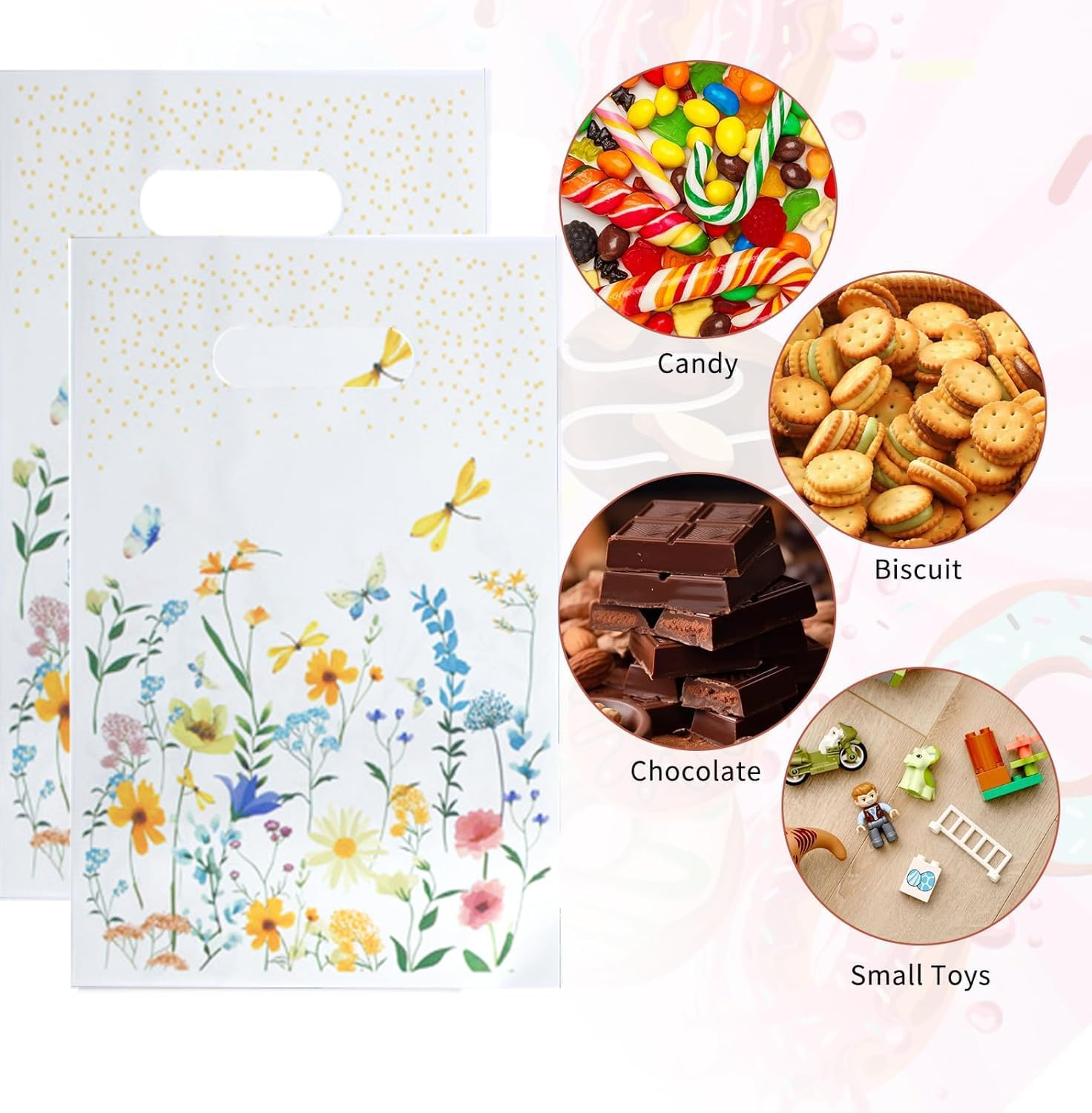 YJSPARKK 100 PCS Party Favor Bags,Goodie Candy Bags with Handles,Flower Pattern Plastic Small Gift Bag Bulk for Birthday,Baby Shower, Wedding, Thanksgiving,Christmas, New Years