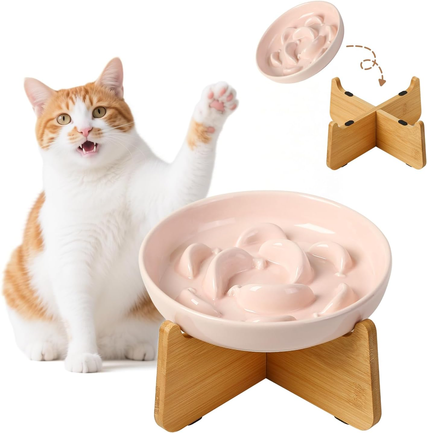 Ceramic Pastel Series Slow Feeder Bowl - Cute Maze Cat Food Plate for Healthy Eating - Fun Puzzle Feeder Dish - Dishwasher Safe - 6.3''W X 1.2''H - 7 OZ - Pale Blue