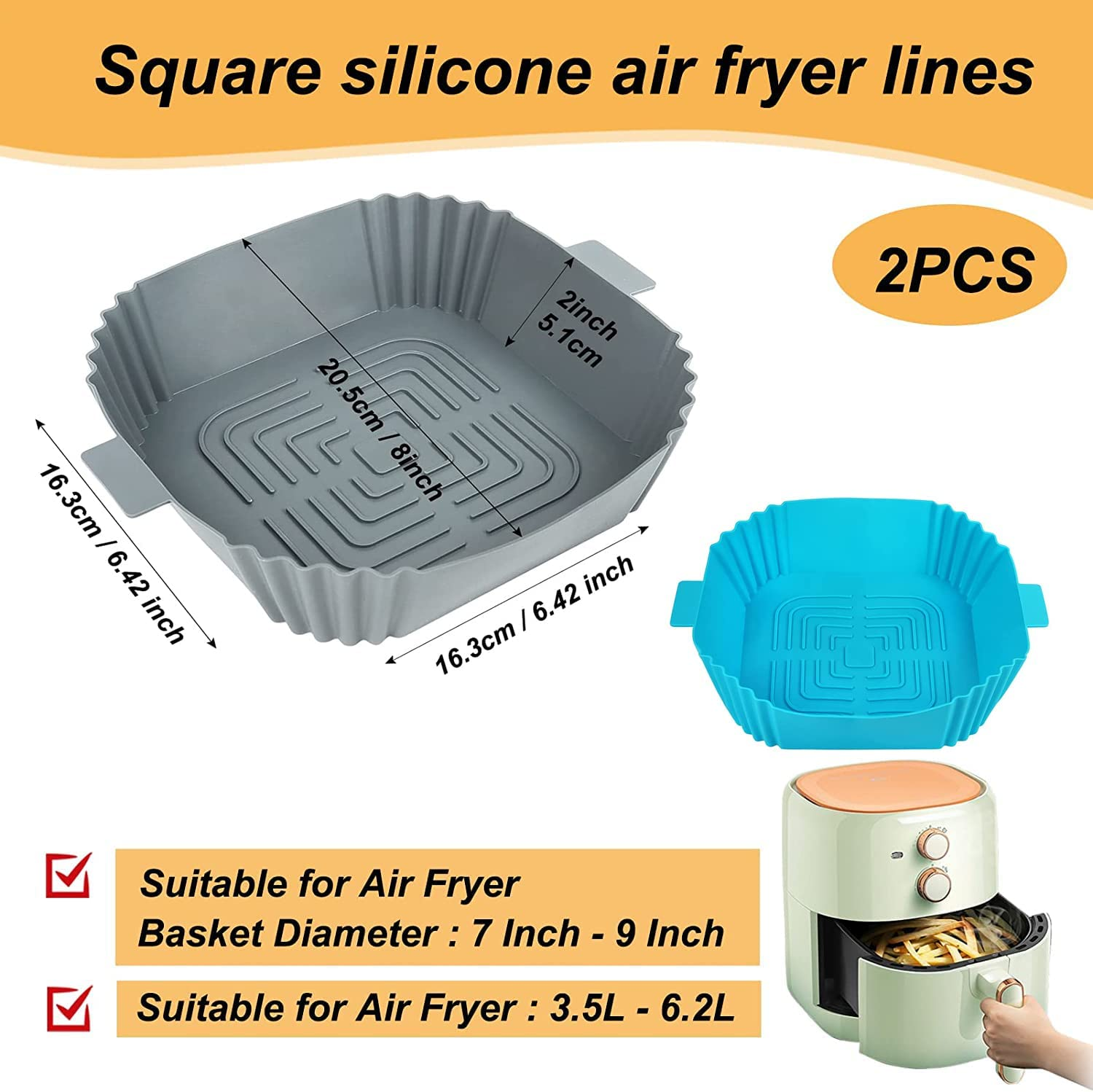 Silicone Air Fryer Liners, 2Pcs Reusable Square Liners, Food Safe Oven Accessories, Replacement of Parchment Paper, Silicone Baking Tray Pots image number 6
