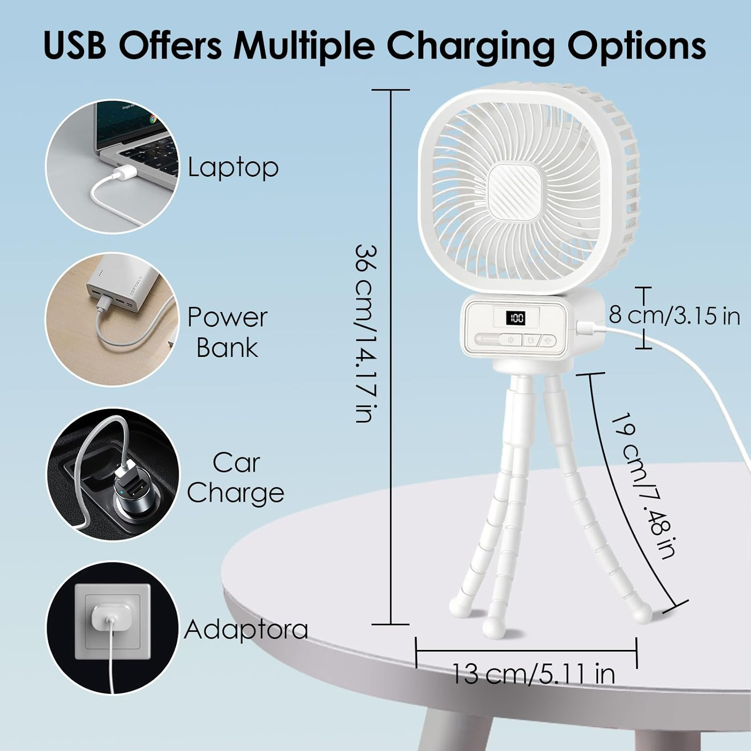 YLSD Portable Desk Fan, 5000Mah Battery-Powered Tripod Clip-On Stroller Fan, 3-Speed Adjustable Rotatable Personal Fan for Desk, Outdoor, Strollers, Car Interior, Camping