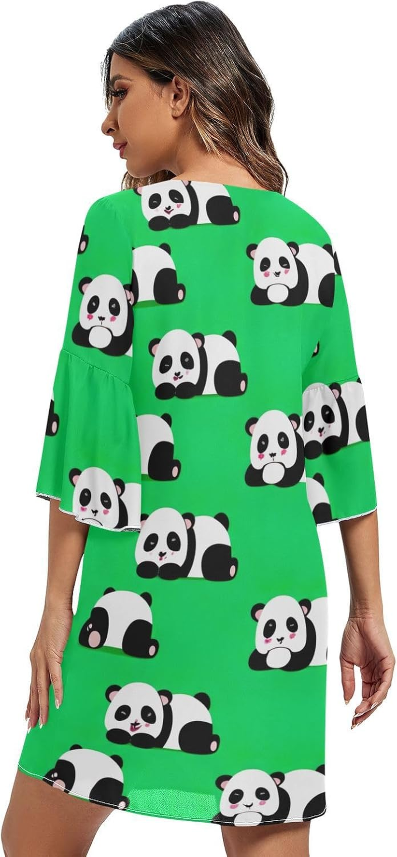 Cartoon Pandas Poses Green Casual V Neck Dress Printed Line Maternity Dress S-XXL