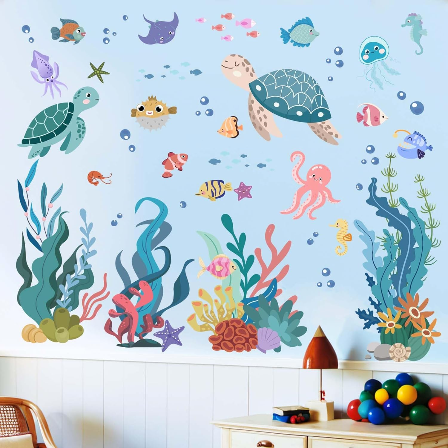 Sea Turtle Wall Decals for Kids: Peel and Stick under the Sea Wall Stickers for Baby Nursery Kid Bedroom Toddler Room - Ages 1-12 Years Vinyl Decor image number 1