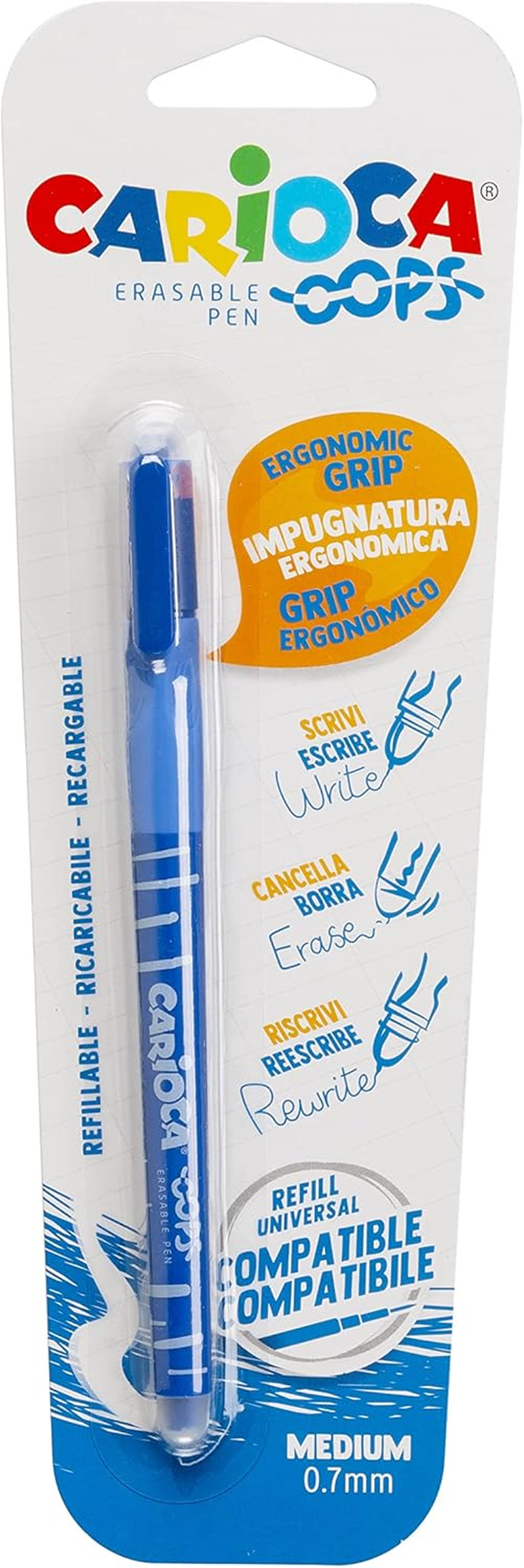 Carioca Oops Black Refillable Pen for School and Office with Hood, Double Rubber and Ergonomic Handle, Blue, Pack of 1 image number 2