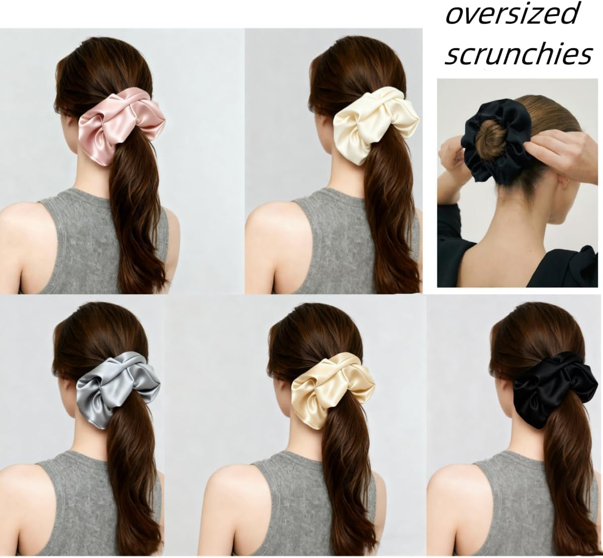 Jumbo Satin Scrunchies for Women, 2-Pack No-Damage Silk Scrunchies, Large Oversized Gentle Hair Ties That Reduce Breakage & Frizz, for Thick Hair Ponytail & Bun-Black and Beige - Black And Gray image number 1