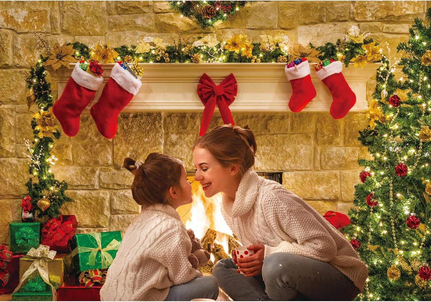 8X6Ft Soft Wrinkle Free Fabric Christmas Fireplace Theme Backdrop for Photography Tree Sock Gift Decorations for Xmas Party Supplies Photo Background Pictures Banner Studio Decor Booth Props image number 4