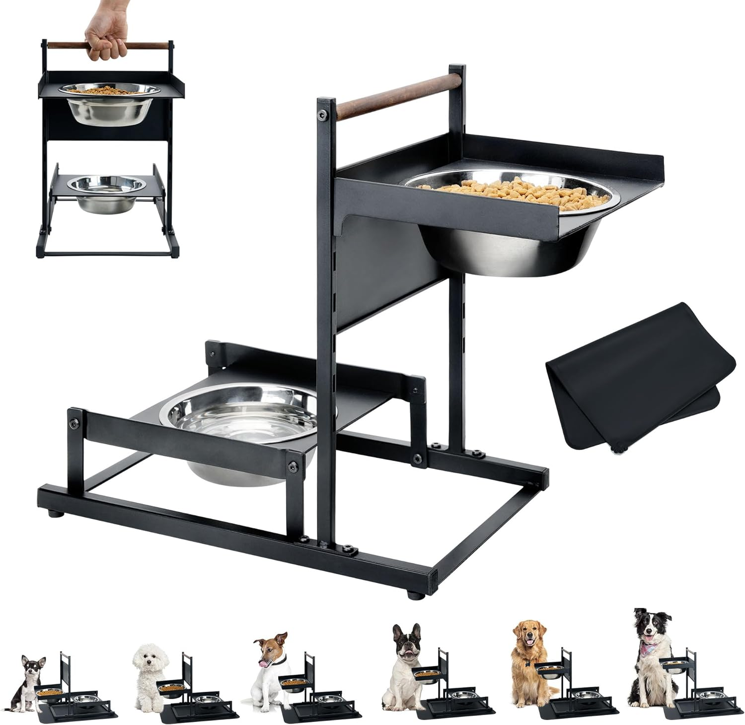 6 Height Adjustable Raised Dog Bowl Stand, ATSKIM Elevated Dog Bowls for Medium Dogs with Independent Dog Feeding Mat, Metal Dog Food Stands, Dog Feeder Station for Small Dog (Black) image number 1