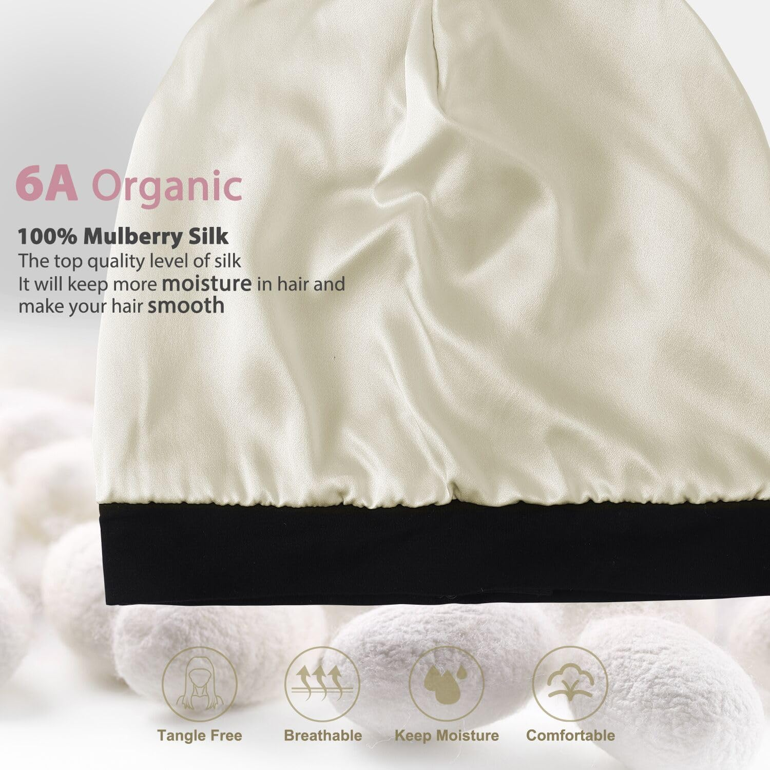 Hat Hut 100% Mulberry Silk Lined Sleep Cap Pure Silk Bonnet for Curly Hair Wrap Bonnet for Sleeping Slouchy Beanie for Men Women - Black image number 6