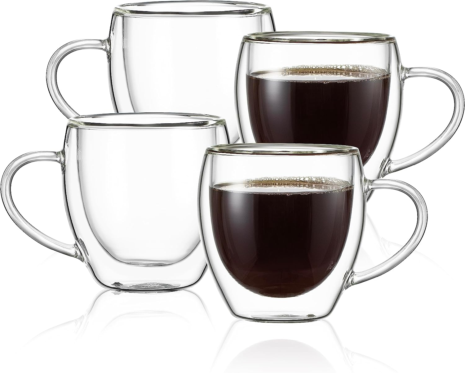 CNGLASS 250Ml Glass Coffee Mugs,Double Wall Insulated Glass Mugs with Handle,Clear Espresso Mugs for Latte,Cappuccino,Tea Bag,Set of 4