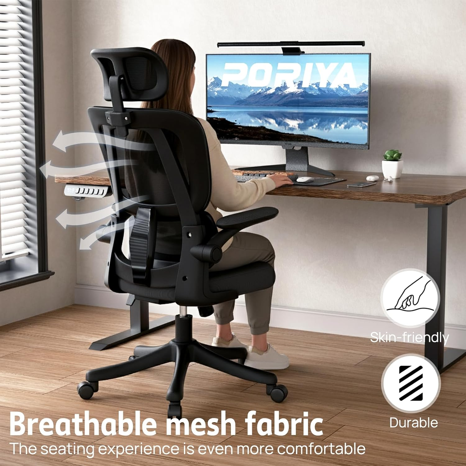 Ergonomic Home Office Chair with Lumbar Support and Adjustable Headrest High Back Mesh Desk Chair Flip-Up Armrest Ergonomic Computer Chair Black - Black image number 4