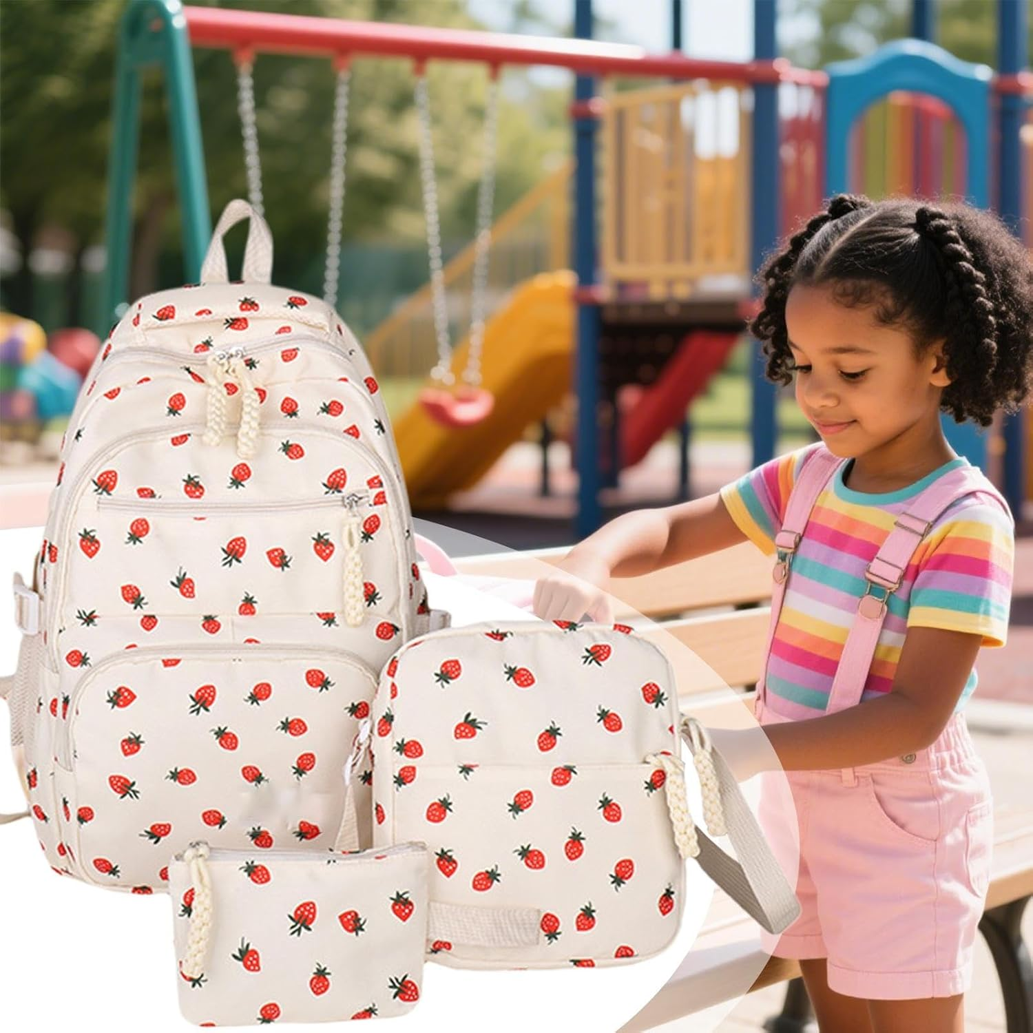 Strawberry Backpack - Women 3-Piece Leisure Bag, Simple College Style Backpack | Laptop School Bookbag with Pen Bag Shoulder Bag, Student Daily Commuting Accessories for Nursery in Front image number 4