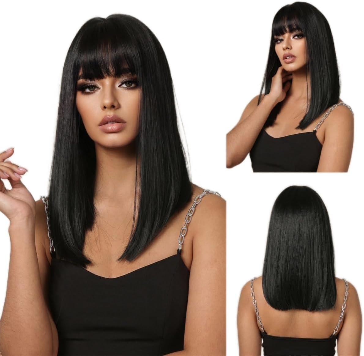 Straight Black Synthetic Wig with Bangs,Shoulder Length, Medium - Long Straight Hair with Air Bangs, Naturally Fluffy Full - Head Wig for Party Daily Use（Black，18.5In） image number 6