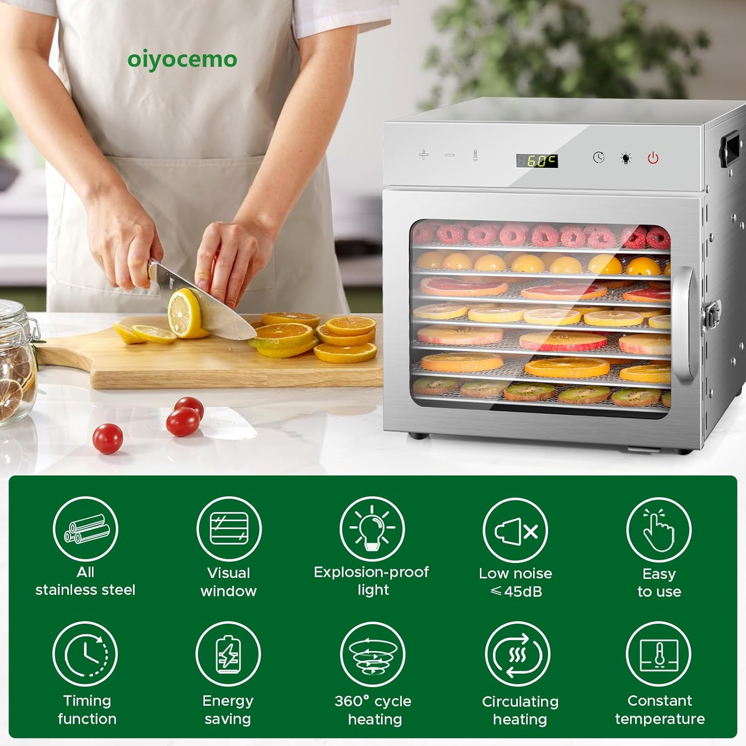 Oiyocemo Stainless Steel Food Dehydrator, 8 Tray Fruit Dryer Machine with Free Recipe Book, Bpa-Free, 30~90℃ Temperature Setting, Max 24H, Dehydrator Food Dryer UK for Vegetables, Meats