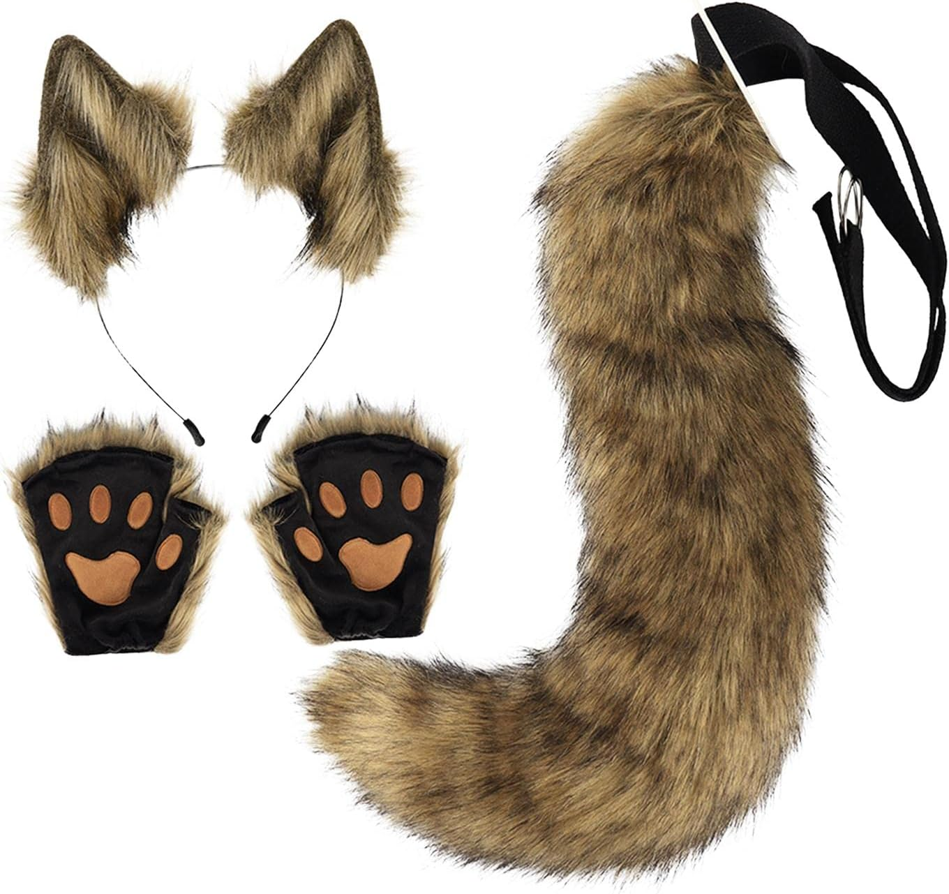 Fox Ears and Tail Set Plush Wolf Ears Hair Clip with Gloves, Plush Costume for Kids Adults Hair Hoop for Prom, Dance, Funny Gifts Dress Up, Coffee