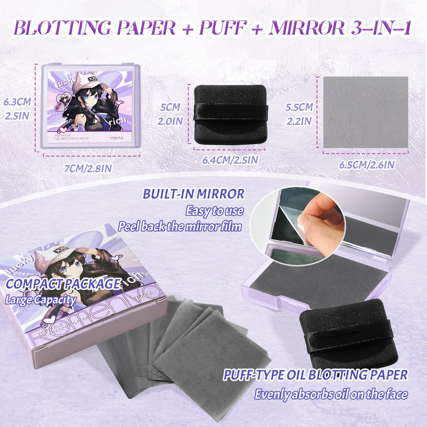 BOROLA 3-In-1 Lucky Girl Oil Blotting Paper Set for Face 100 Sheets Oil Absorbing Sheet with Portable Mirror & Adhesive Makeup Puff for Oily Skin, Design for Men & Women(Purple) image number 4