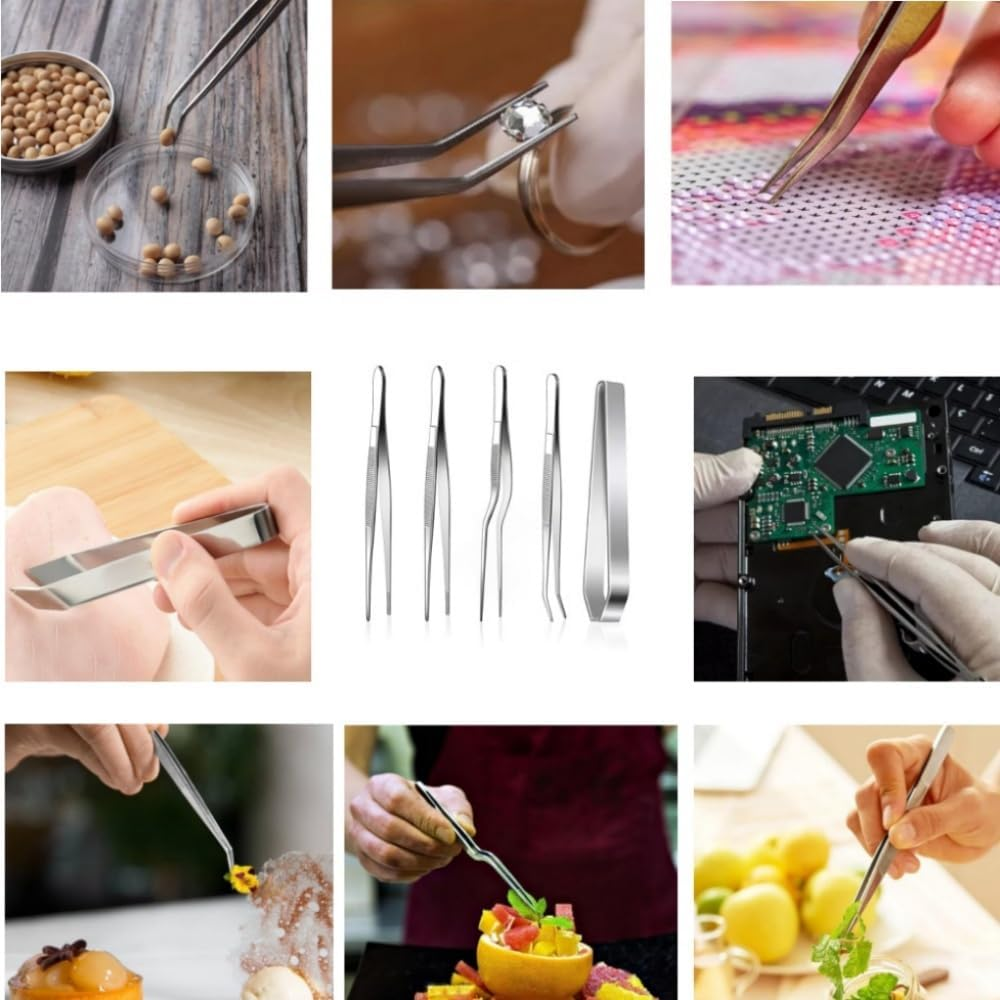 Loopunk 6 Pcs Cooking Tweezer Tongs, Stainless Steel Kitchen Tweezer Set, Professional Chef Tweezers for Cooking, Repairing, Sea Food, BBQ, Multi-Use(12'' and 6.3") image number 2