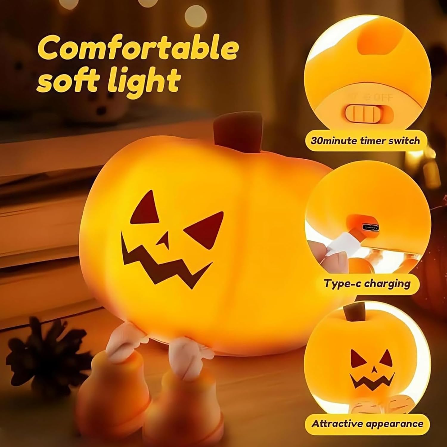 Mischievous Grinning Pumpkin Night Light, Cute Halloween Pumpkin Night Light, Soft Silicone Bedside Touch Lamp with 3 Level Dimmable, Halloween Pumpkins Nights Lights (Style A) image number 6