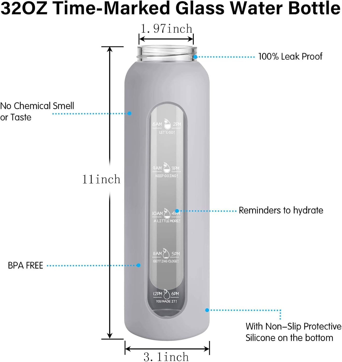 Sursip 32 Oz Glass Water Bottle with Time Marker,1 Liter Bpa-Free Reusable Motivational Water Bottle with Non-Slip Silicone Sleeve and Bamboo Lid, Ice Cube Tray, Leak-Proof, Dishwasher Safe image number 5