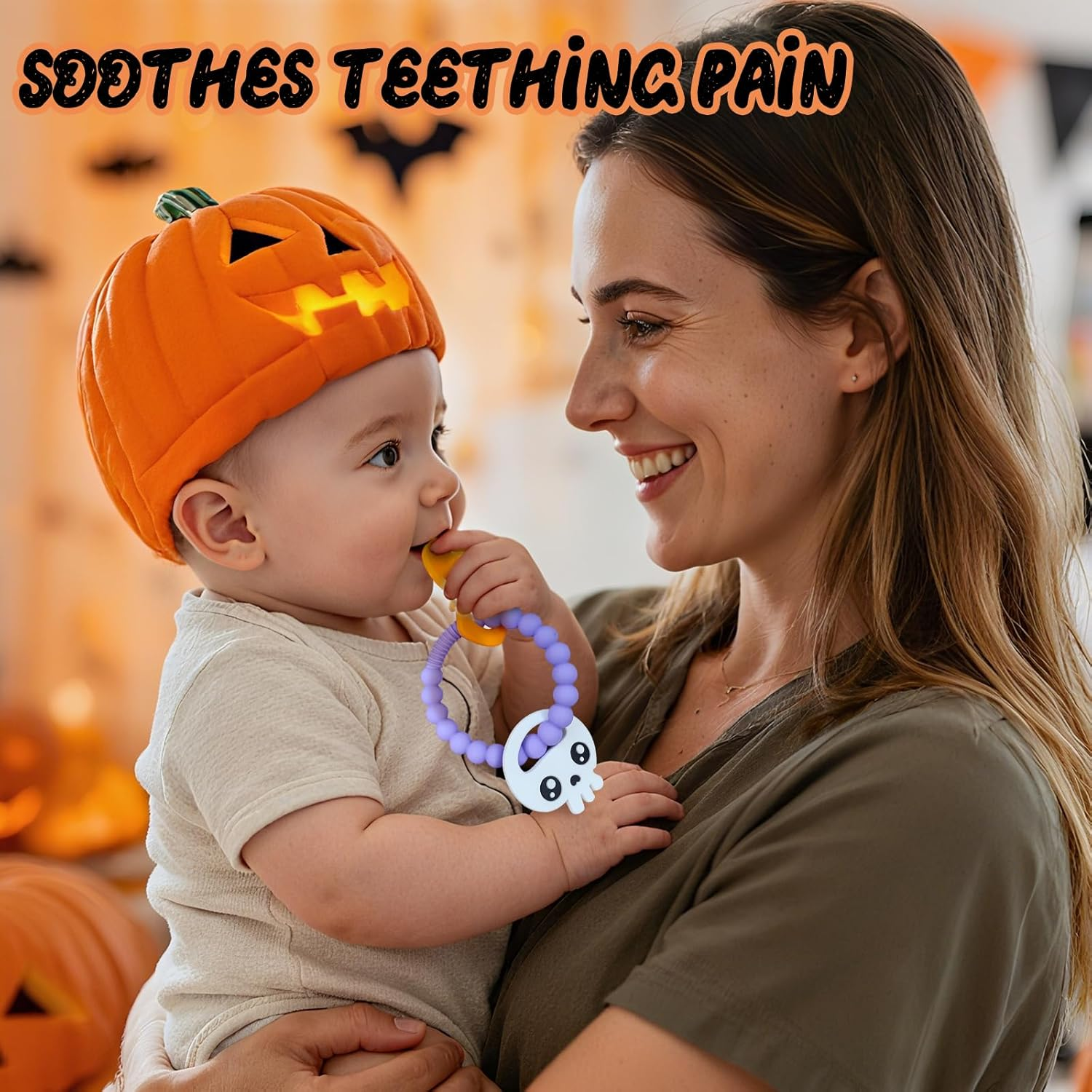 NNAKLLI Halloween Baby Teething Toys, Food Grade Silicone Teether for 3-12 Months, Textured Sensory Chewing Ring for Infants & Toddlers, Boo Basket Stuffer, Great for Baby&rsquo;S First Halloween (Pumpkin & Skeleton) image number 4