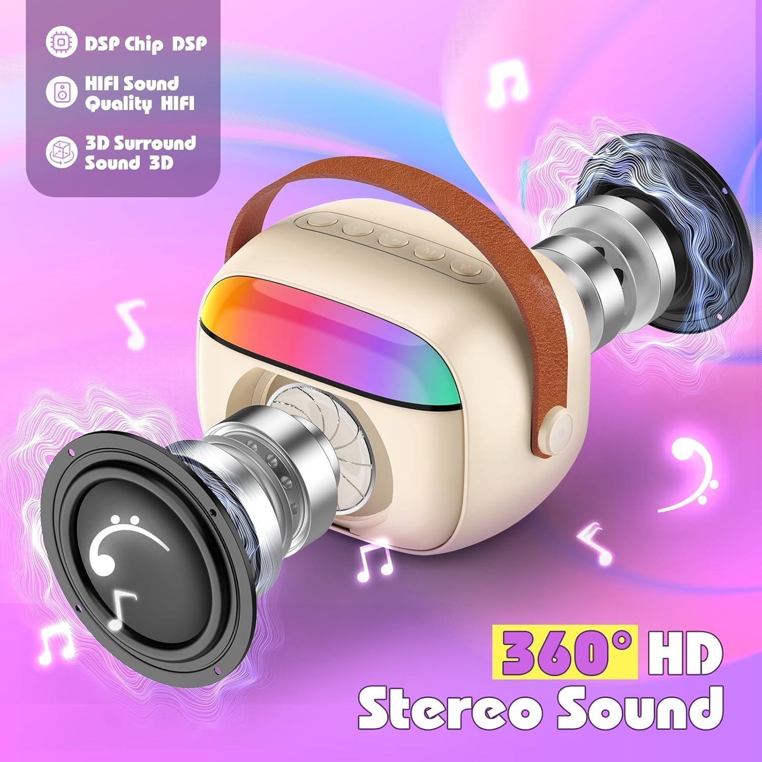 Karaoke Machine for Kids Adults, Mini Portable Bluetooth Speaker with 2 Wireless Microphone, Kids Toys Birthday Gifts for Girls Ages 4-12 +Year Old Family Home Party (Off White) image number 5