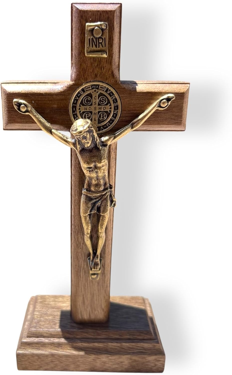 Joseph'S Workshop Small Light Wood Crucifix with Antique Gold Corpus &ndash; 4.75" Standing Table Cross with Base for Prayer, Home, or Travel