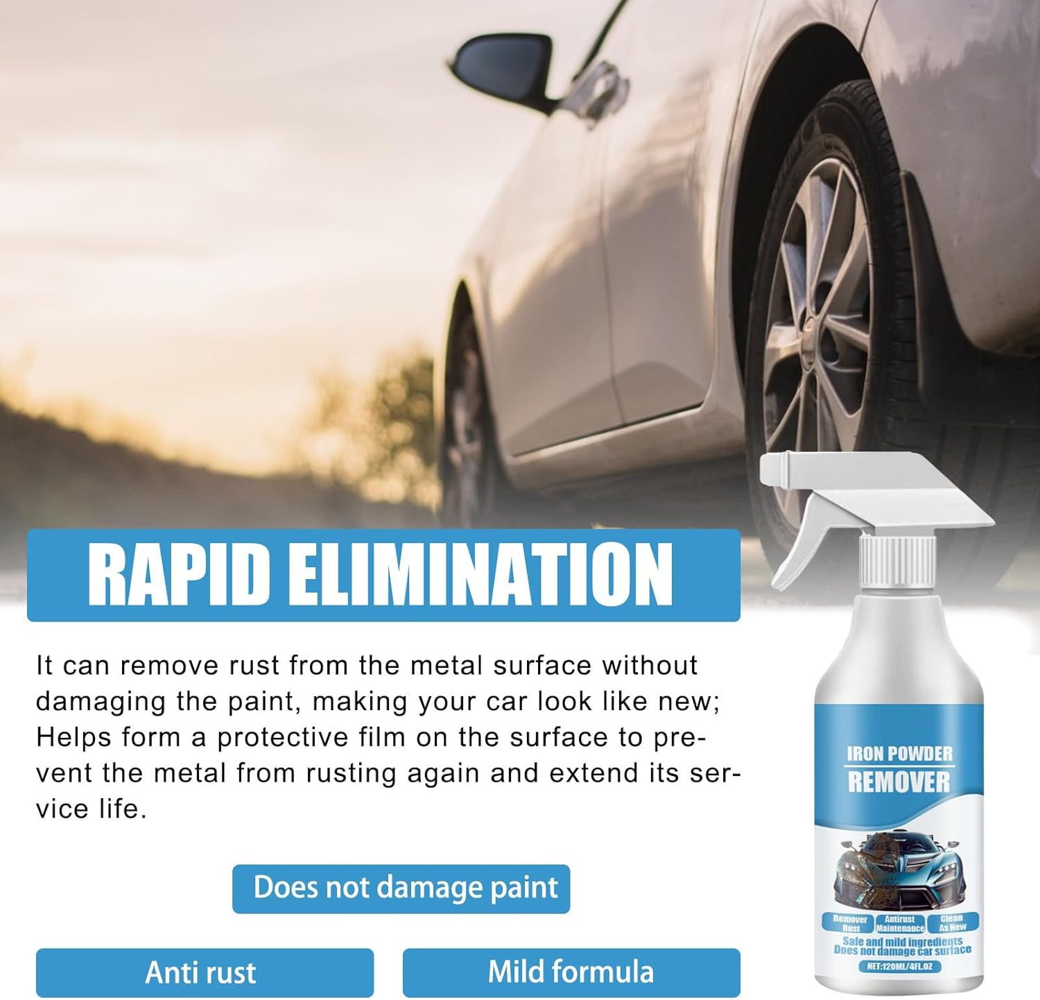 Car Rust & Iron Particle Remover Spray, Heavy Duty Rust Dissolver, Fast Acting Rust Remover Spray for Cars, Brake Dust, Wheels & Metal Tools, Chains, Stainless Steel, Multi-Surface Cleaner (2Pcs) - 2Pcs image number 5