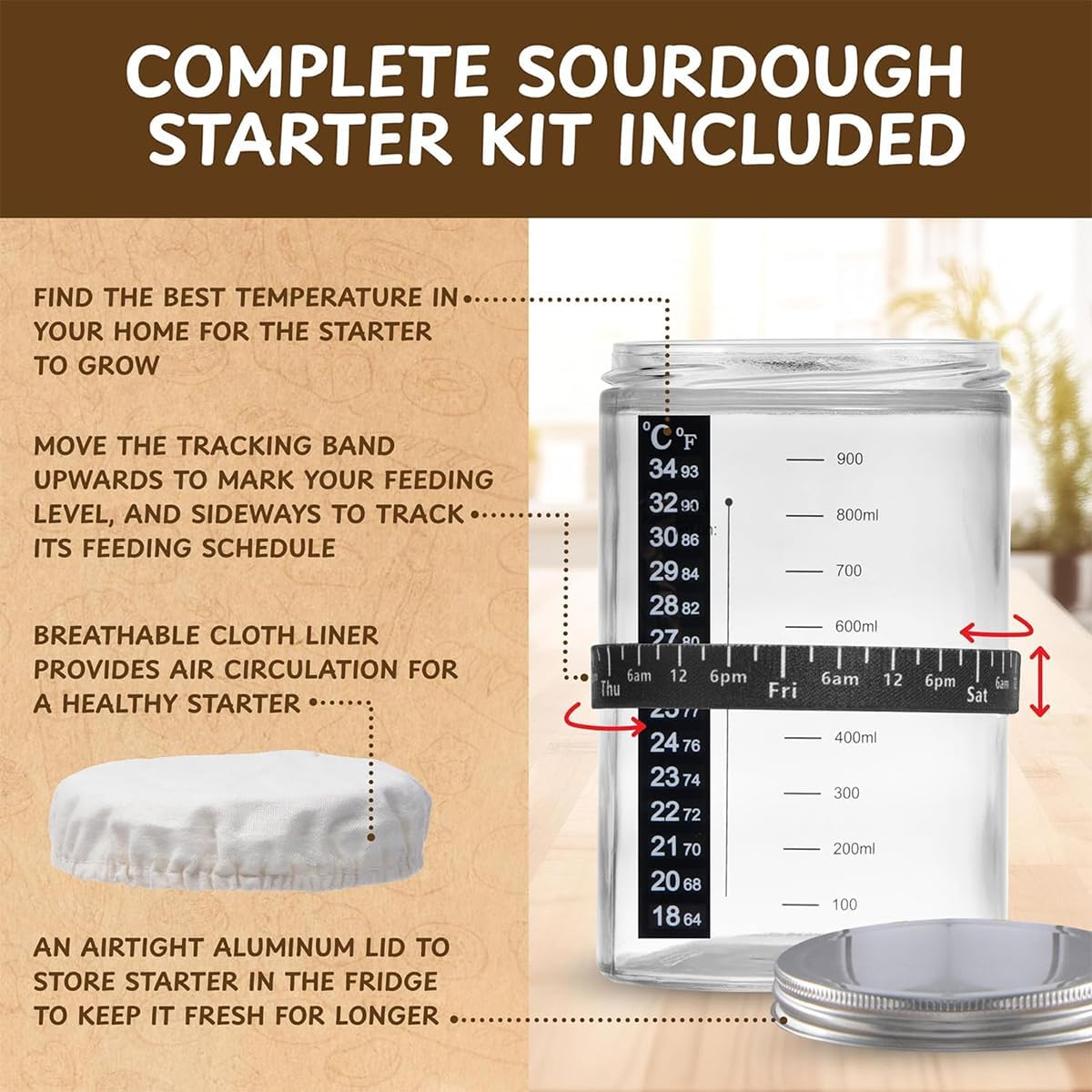 9SHOME Complete Sourdough Bread Starter Kit, 9 Inch round Banneton Proofing Basket, Bread Baking Supplies with 32Oz Sourdough Jar, Dough Whisk, Scraper & Bread Lame, Spatula, Silicone Mat image number 1