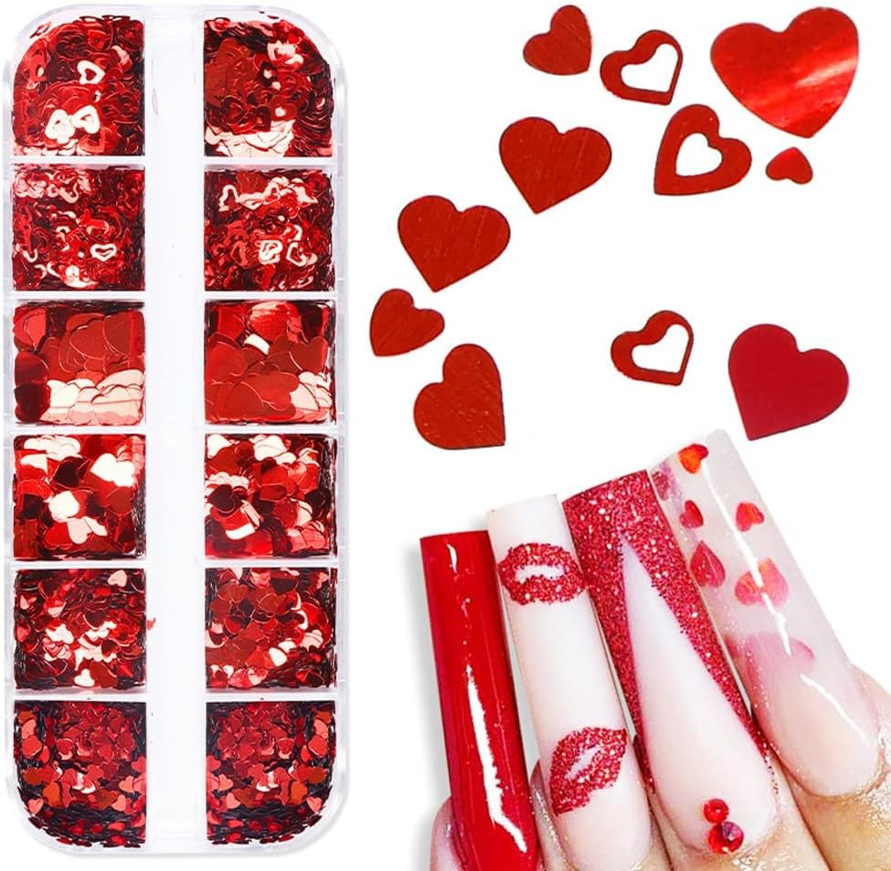 Red Heart Nail Art Glitter Sequins for Valentine'S Day Nail Art Stickers Decals Holographic Love Heart Nail Charms Flakes for Acrylic Nail Supplies Manicure Tips Accessories