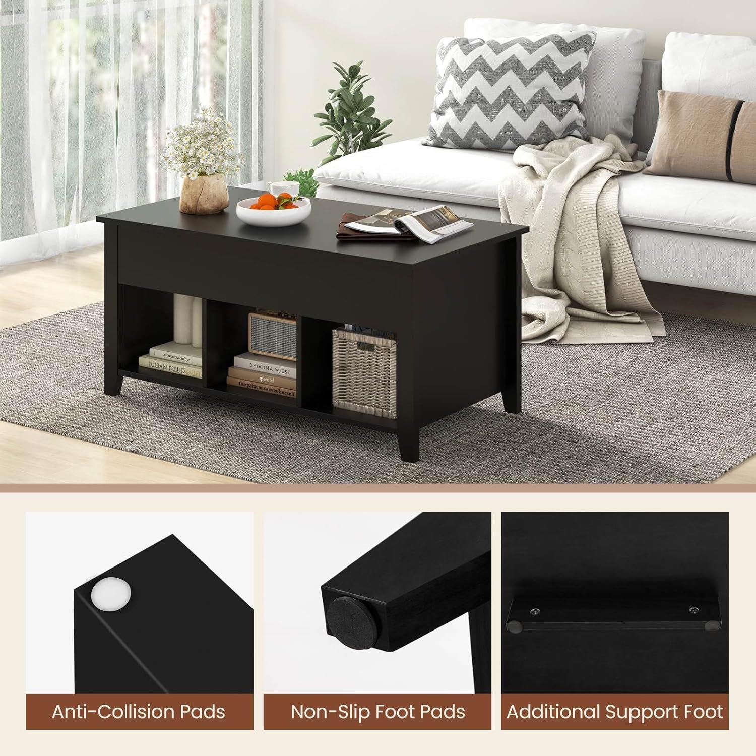 Giantex Lift up Coffee Table, Rising Center Table with Lift Top, Hidden Compartment & 3 Cubes, Modern Dining Accent Table Furniture for Living Room & Reception Room, Black image number 5