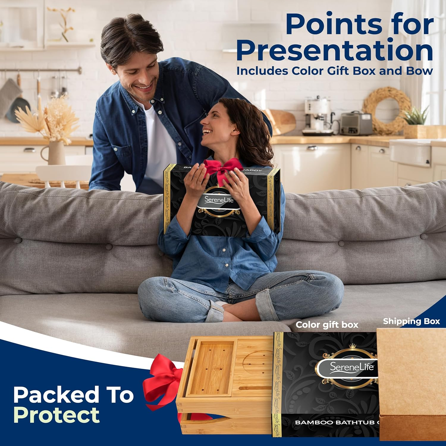 Serenelife 2 in 1 Bed and Bath Tray - Foldable Bamboo Bathtub Caddy with Adjustable Length, Non-Slip, Device Holder, Wine Glass Slot, Expandable for Comfortable Bathing (Folding, Soft Back, Gift Set) image number 3