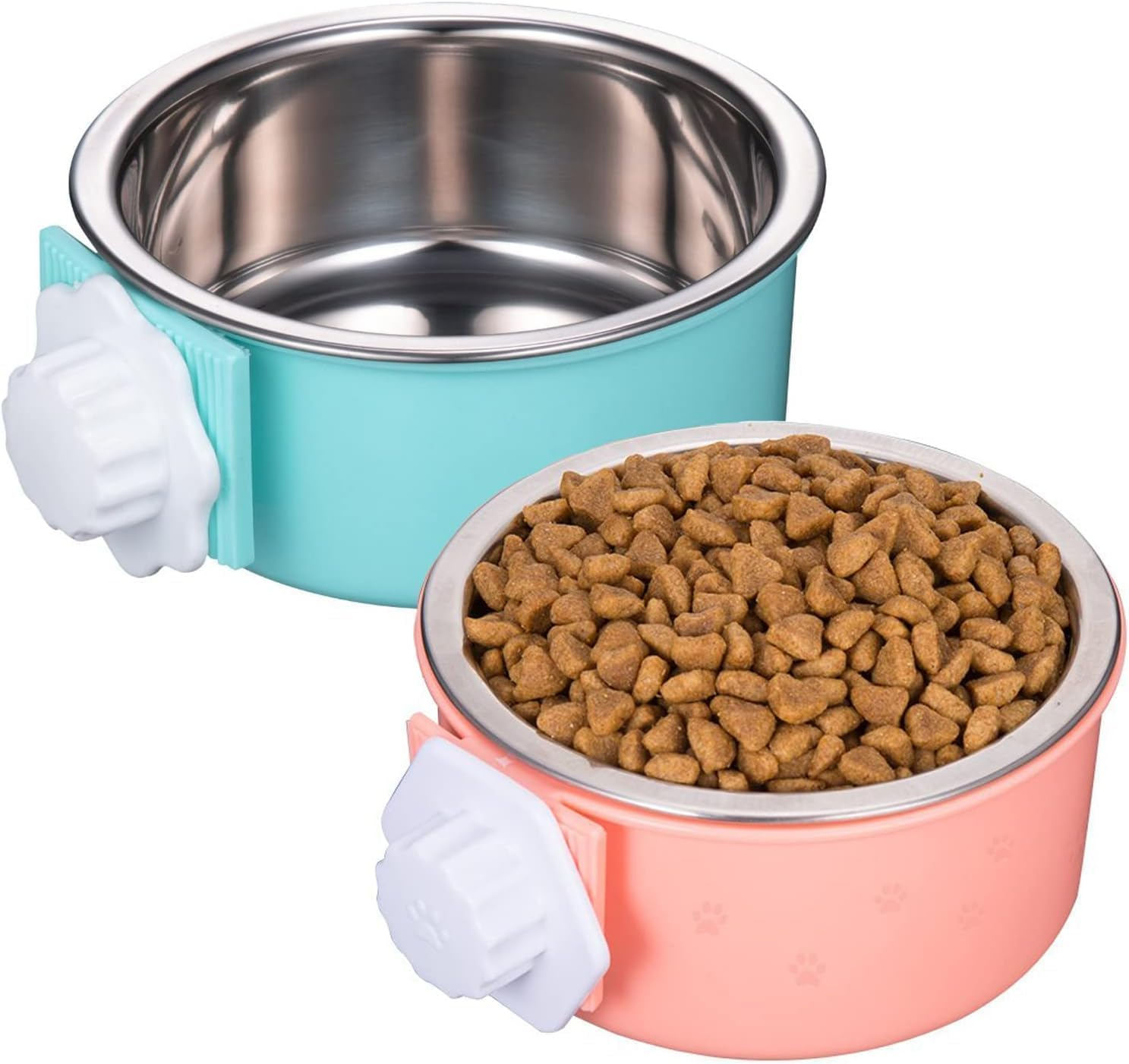 Pet Bowls for Cats and Dogs, Detachable and Hanging -2-Piece Set of Stainless Steel, Cat Cage, Food Bowl, and Dog House Water Dispenser, Suitable for Puppies, Birds, and Kittens (Pink+Blue) image number 2