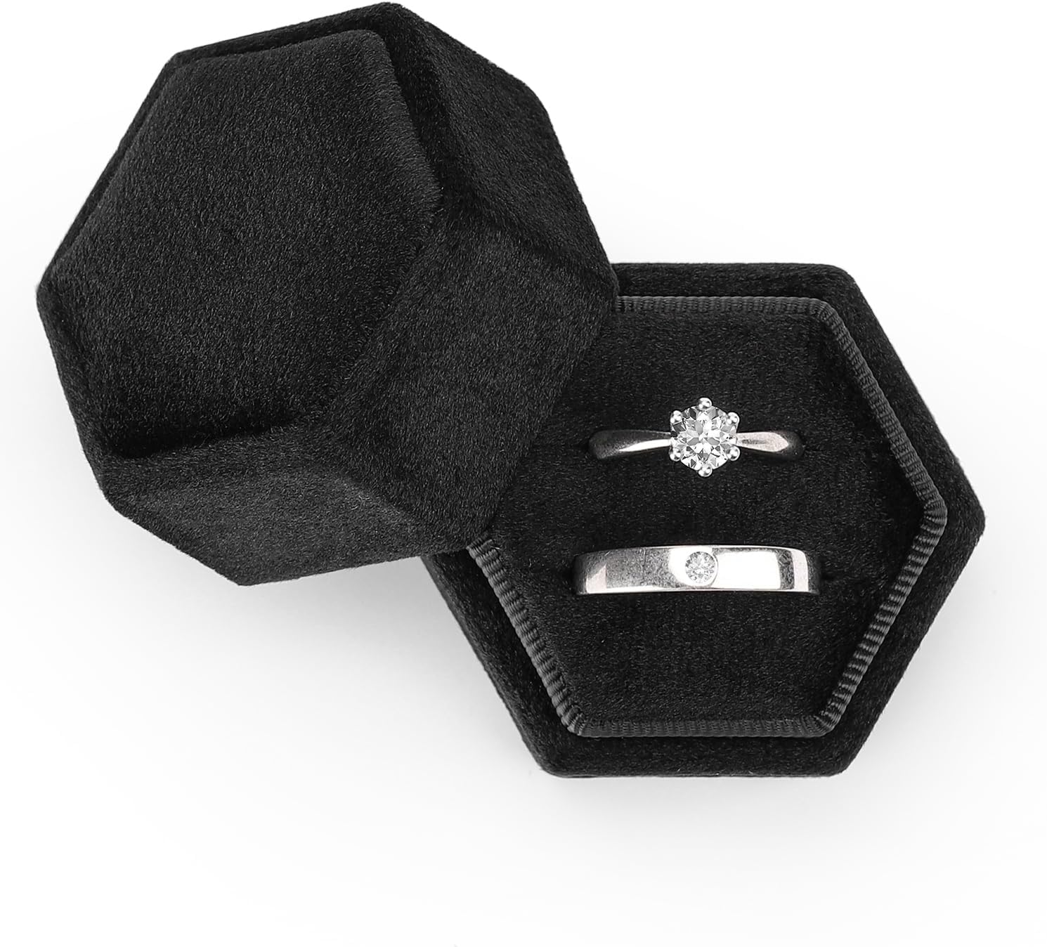 Etercycle Velvet Jewelry Ring Box, Hexagon Premium Gorgeous Vintage Double Ring Gift Box with Detachable Lid for Proposal Engagement Wedding Ceremony(Pink-Purple)