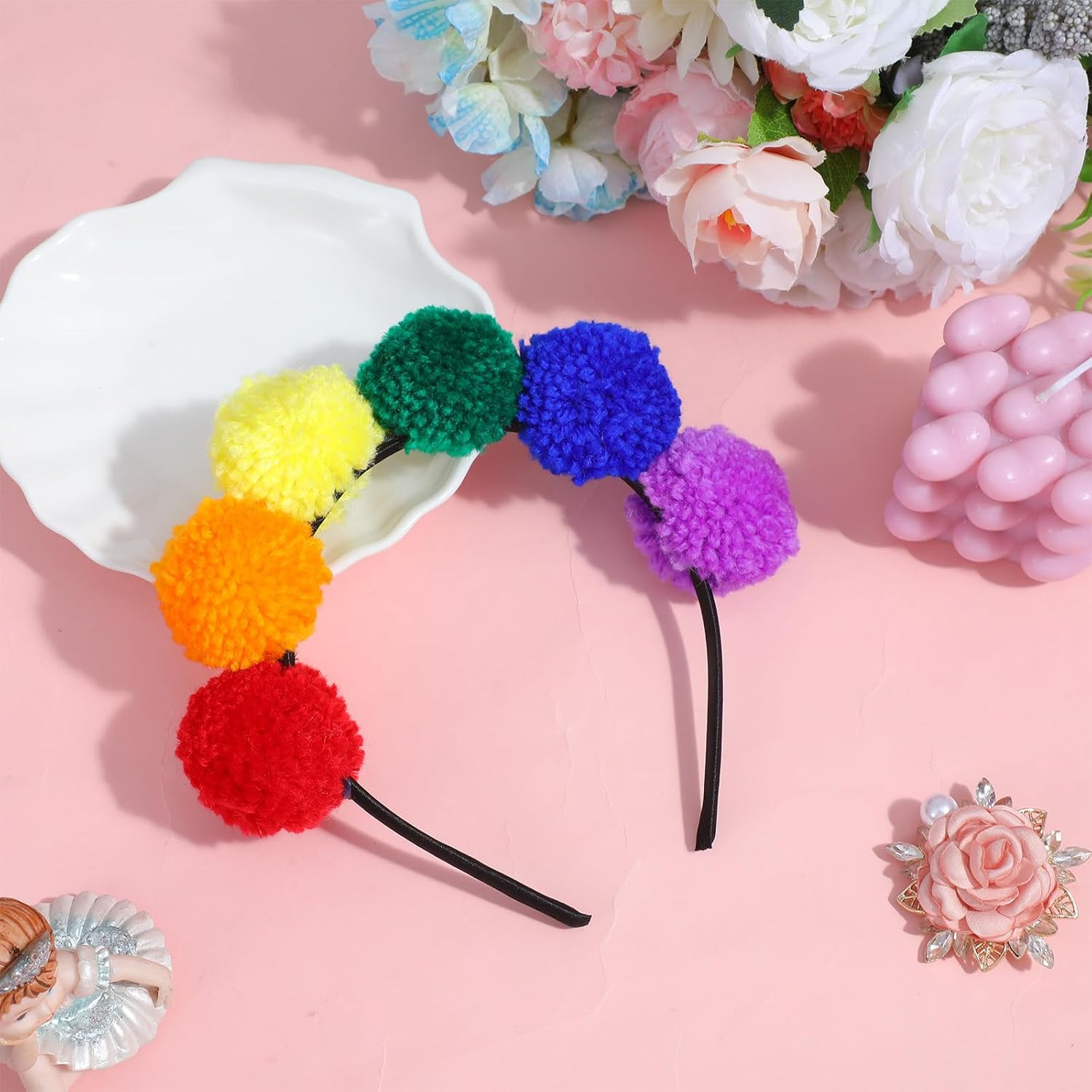 Rainbow Pompoms Headband, Colourful Hair Accessories, Carnival, Rainbow Pompom Tiara, Pom Pom Headband, Headpiece for Carnival, Fancy Dress and Party