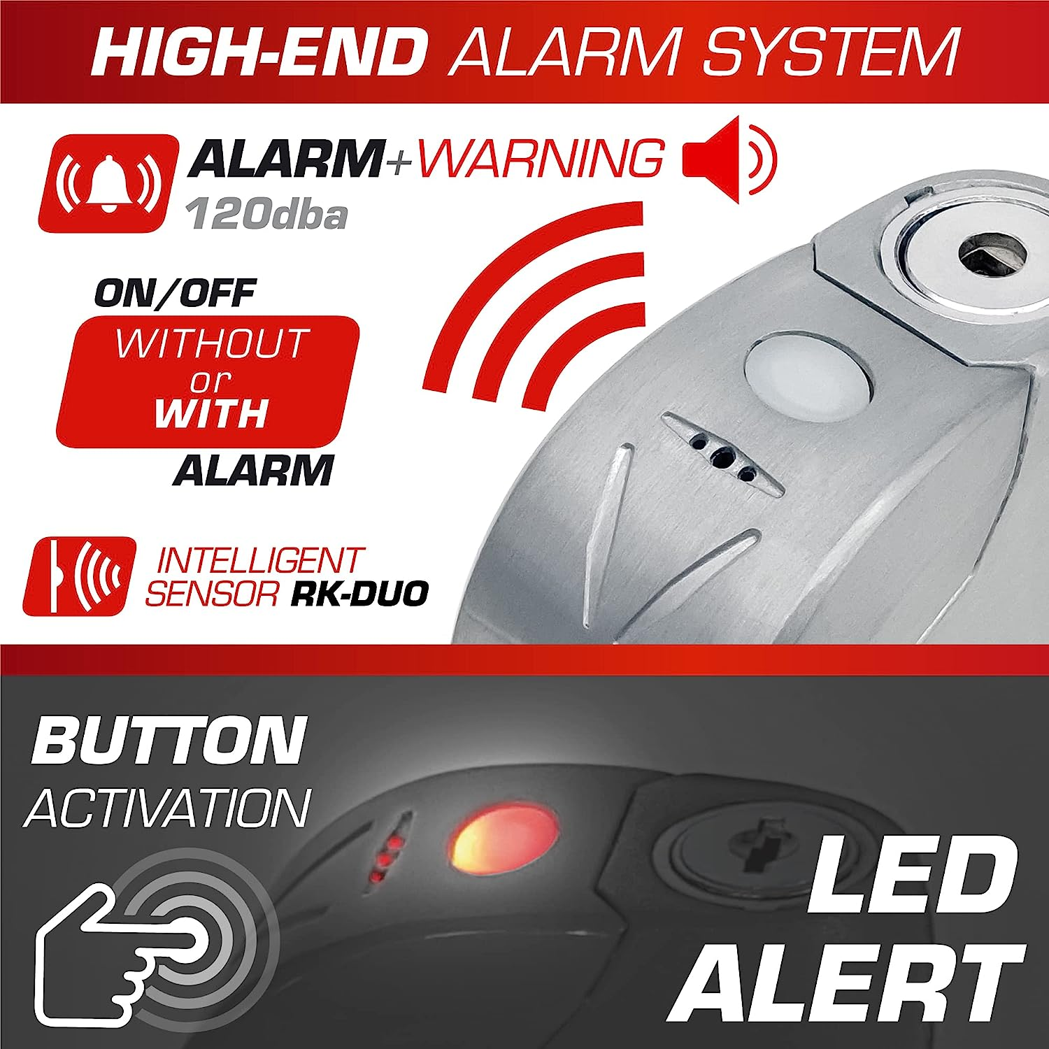 RADIKAL RK9Z Disc Lock Alarm 120 Db, on Button, Warning Fonction, Long Lasting Battery, 100% Waterproof, Metal, Universal anti Theft Wheel Brake Lock for Motorcycle, Scooter, Bike, Electric Scooter image number 2