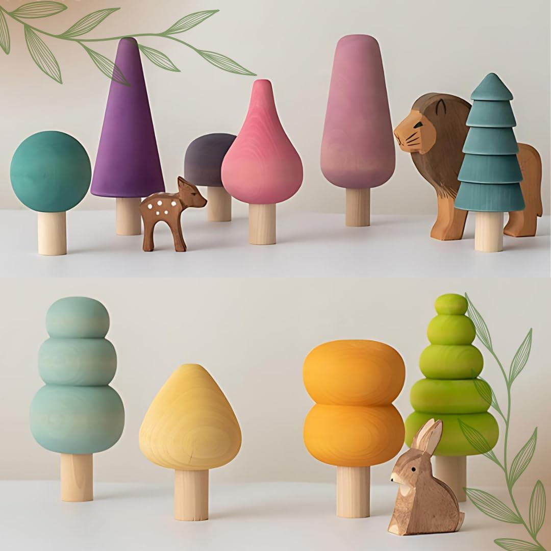 10Pcs Pastel Wooden Toys Tree Set Wooden Forest Various Sizes Natural Woodland Trees Creative Children'S Arts Sensory Toys Open Ended Montessori for Toddlers Montessori Toys for Babies image number 5