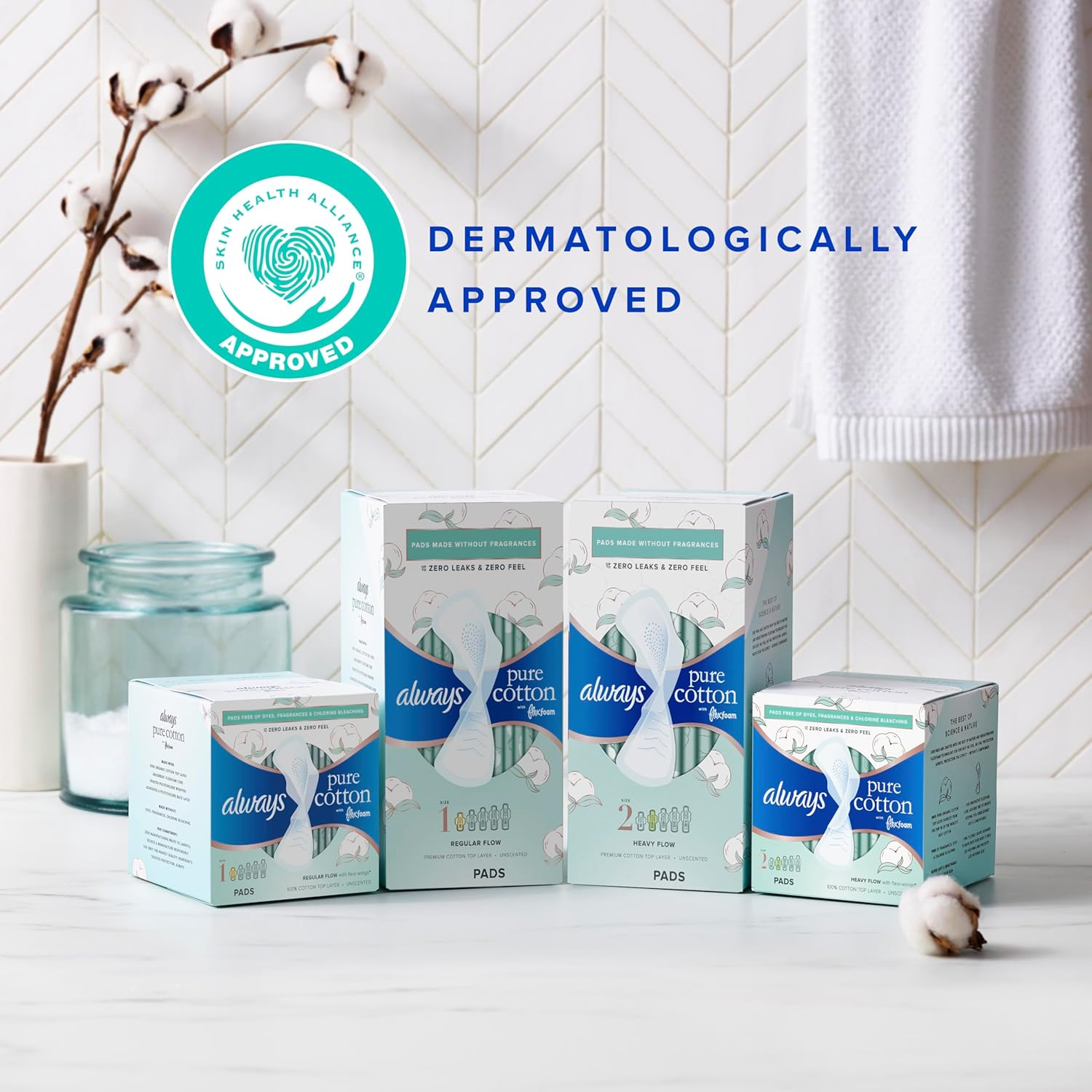 Always Pure Cotton with Flexfoam Pads for Women Size 2 Heavy Flow Absorbency, with Wings, 24 Count (Pack of 3, 72 Total Count) image number 5