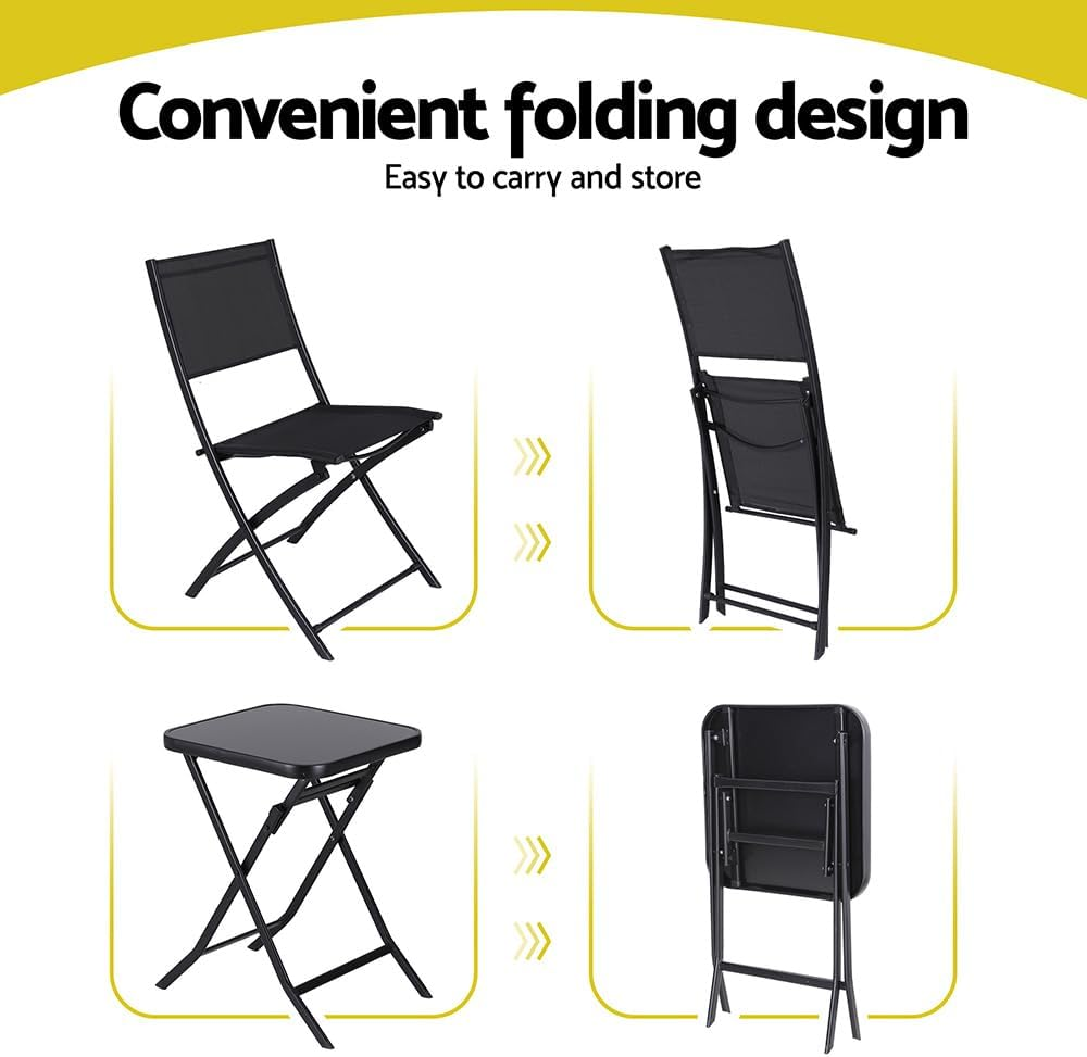 Gardeon Outdoor Bistro Set, Folding Table and Chairs W/Glass Tabletop, Patio Furniture for Garden Porch Backyard Lawn Poolside Deck, Steel Frame, Polyester Fabric Black image number 5