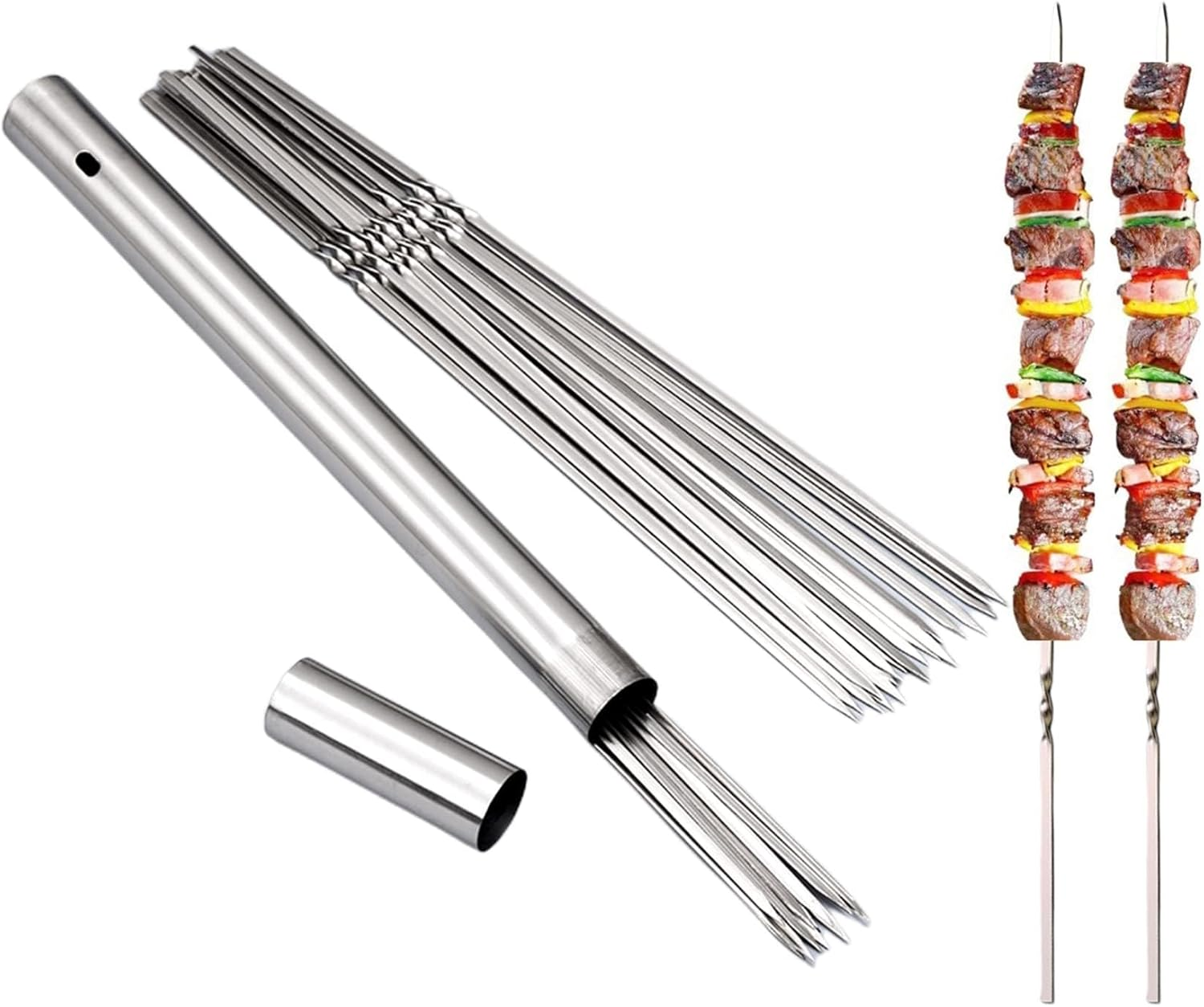 WILLBBQ 304 Stainless Steel 13.2" Long Flat Barbecue Skewers,20Pcs/40Pcs BBQ Kebab Skewers with Portable Metal Storage Tube,Reusable for Grilling Barbecue Kitchen Party and Outdoor Cooking (20PCS) image number 2