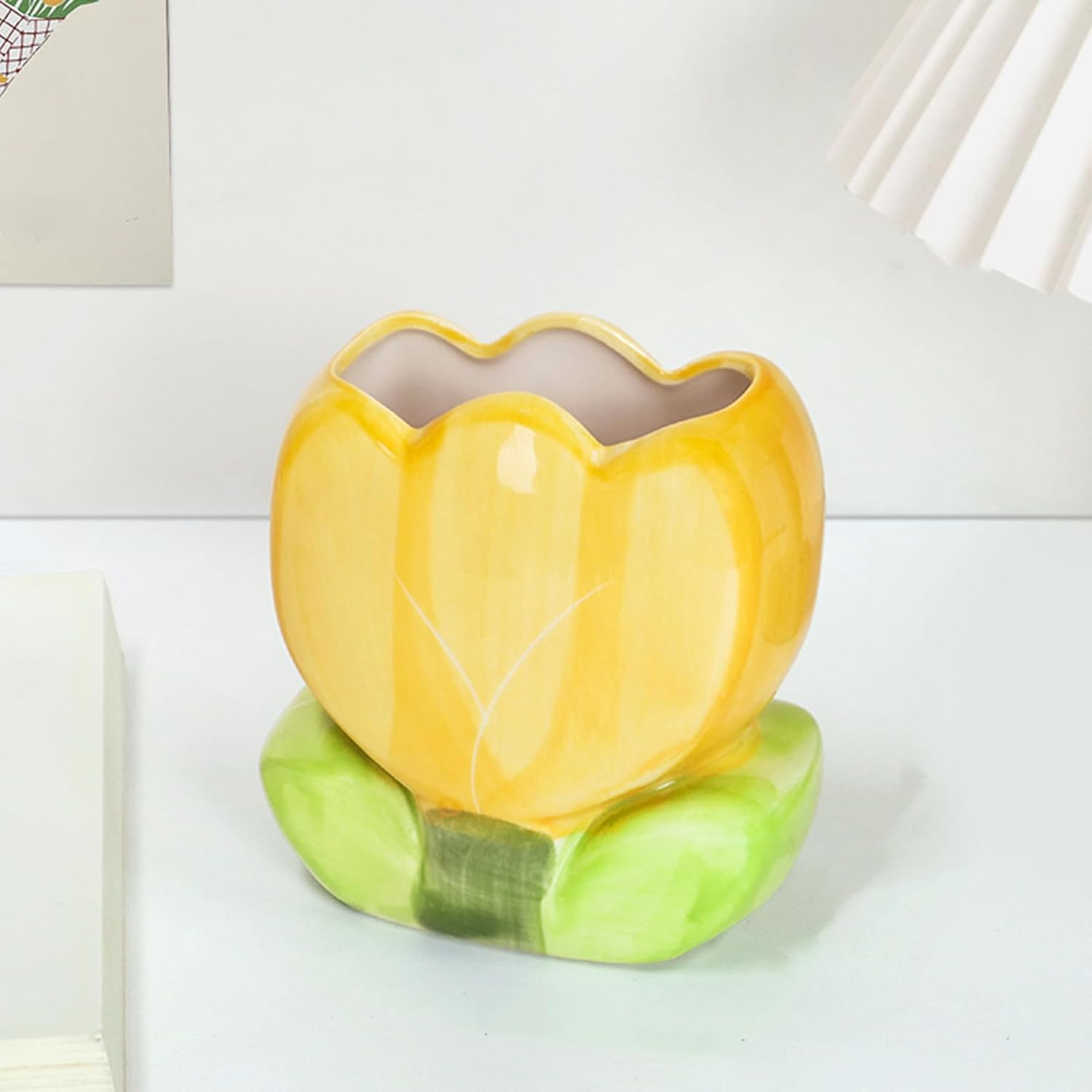TANG SONG Ceramic Tulip Make up Brush Holder Flower Cosmetic Storage Box Pen and Pencil Holder Desktop Organizers (Yellow)