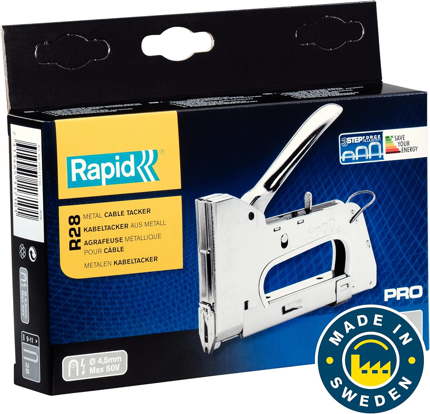 Rapid Heavy Duty Manual Staple Gun PRO R28 for No. 28 Staples, Cable Tacker with Easy-To-Squeeze Trigger, 3-Step Force Adjuster, and All-Steel Casing and Wear Parts, Made in Sweden (20511710) image number 1