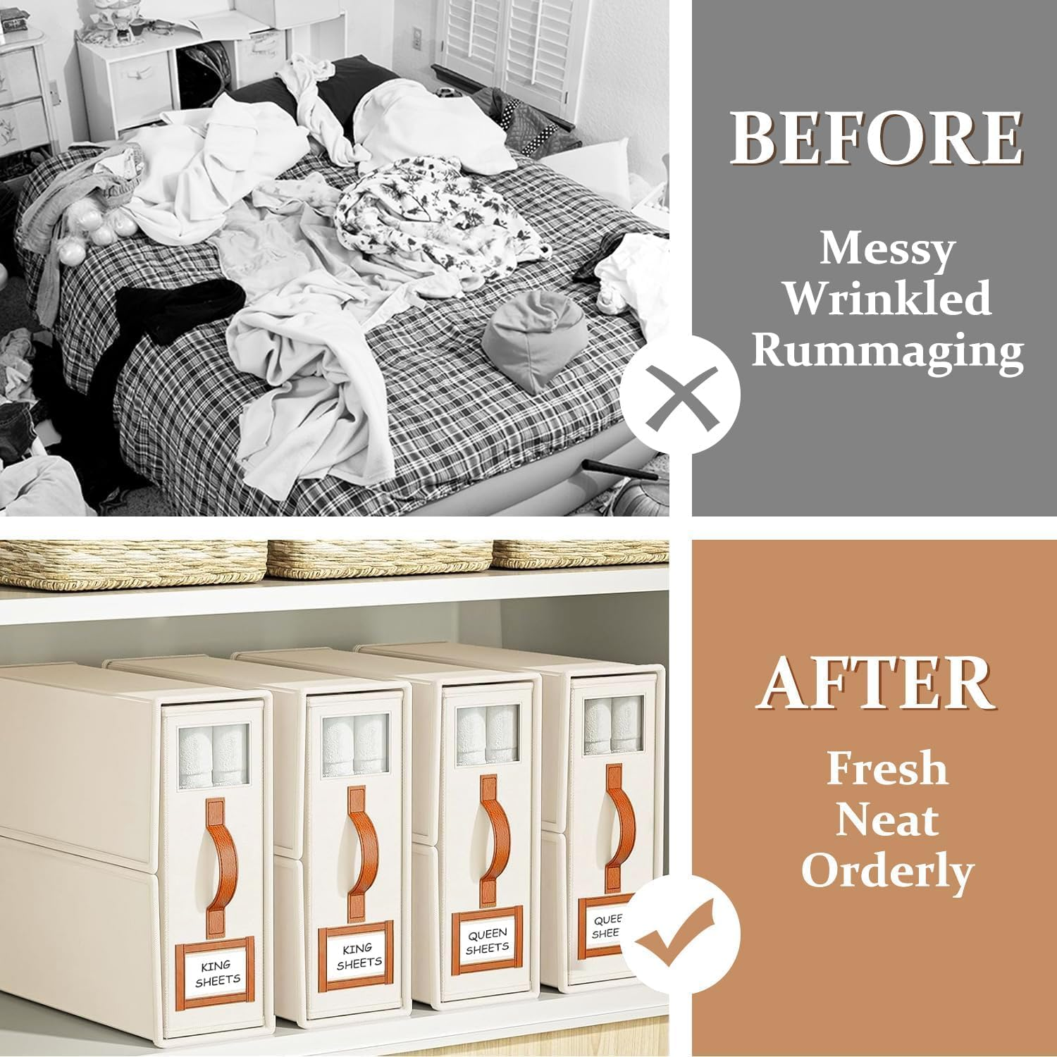 Foldable Bed Sheet Organizer & Storage Box for Linen Closet &ndash; Duvet Cover & Bedding Storage with Handle, Space-Saving Wardrobe Organiser, Saving Wardrobe Organiser (Beige, 8 Pack-King Size-3.7 Gal) image number 3