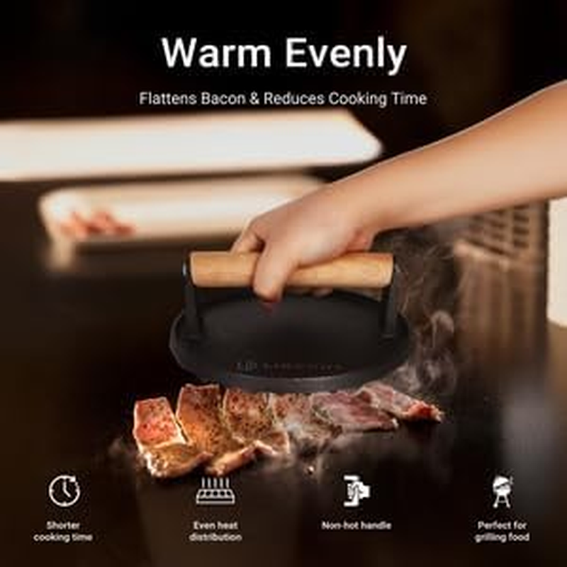 LIWEGHT Burger Press, 6.9" round Heavy-Duty Cast Iron Smash Burger Press, Steak & Sandwiches Burger Patty Maker with Wood Handle Bacon Meat Grill Press for Griddle BBQ (Round) image number 6