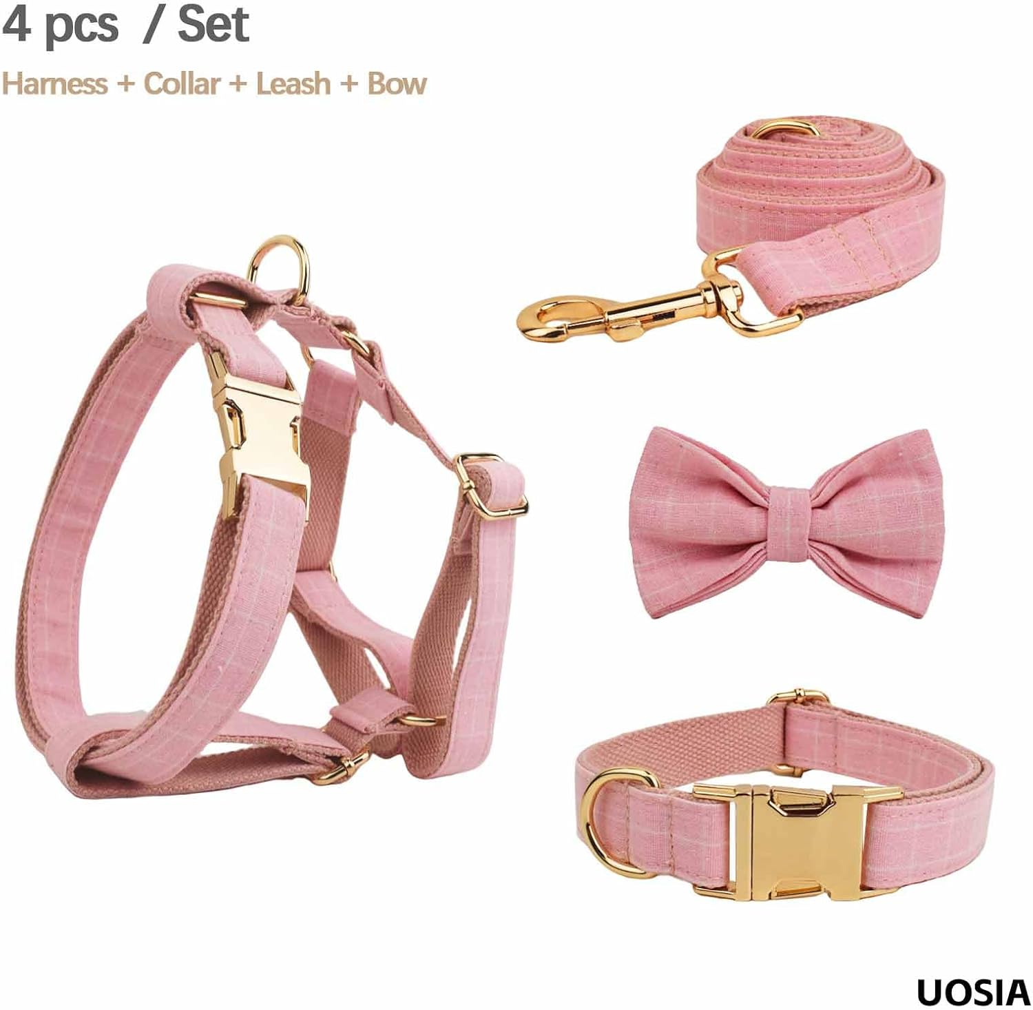 UOSIA Cute Girl Dog Harness Dog Collar and Leash Set for Female Dogs Pink Princess Dog Collar with Bow Tie Adjustable Escape Proof Dog Vest Harness for Outdoor Walking Running